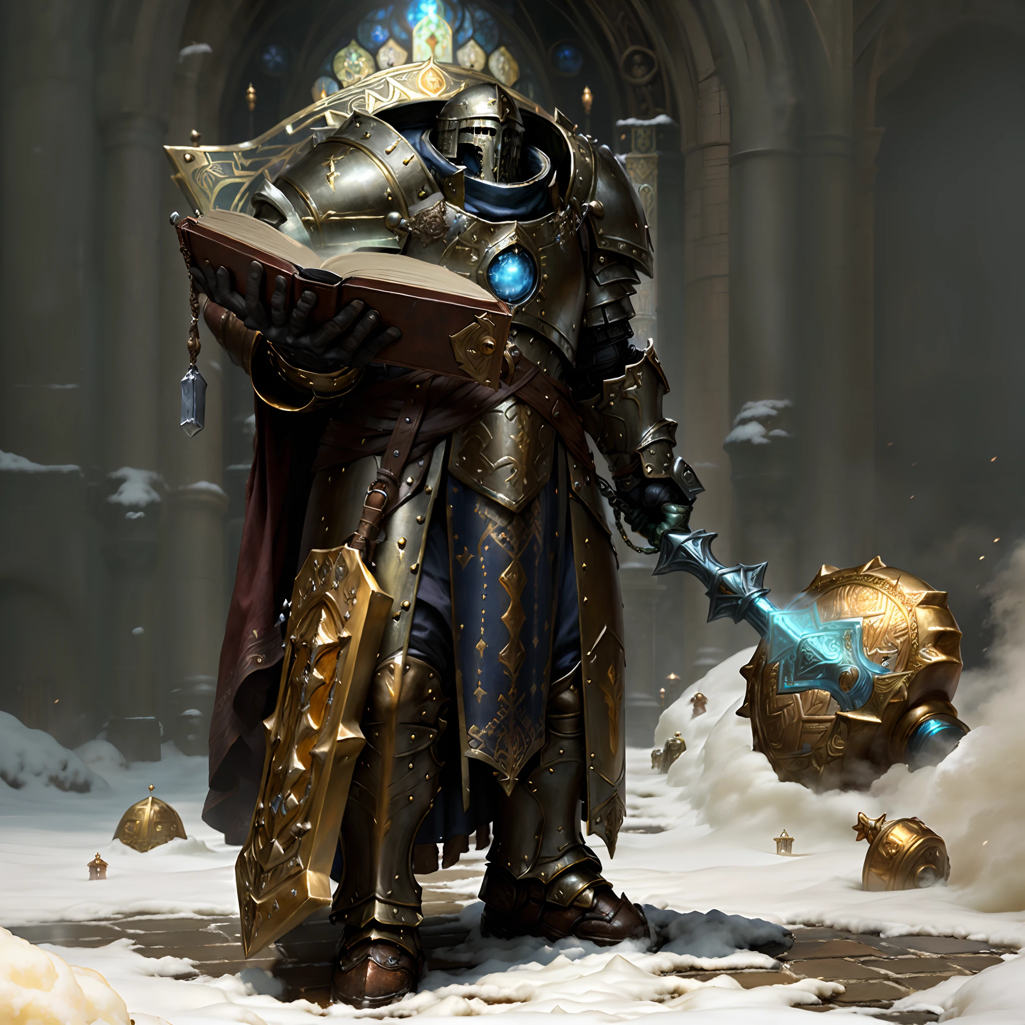 Cleric Warforged, Bulky, medieval robot, Cathedralpunk, cleric medieval robot, ((D&D Warforged: 1.9)), ((Pinnacle_of_protection: 1.9)),( Full body ) character illustration of ( [ an ominous | a gloomy ] ) clockwork ( paladin ) [ perfectly | precisely ] centered in the middle of composition , ( ( ( Alphonse Mucha's ) nouveau ) concept [ character design | art | illustration ] ) , perfect pose with ( ( clear and readable tangents ) full of negative space ) , perfect ( symmetrical and ( well-proportionate anatomy ) ) exquisite ( solid drawing ) volumetry ) enhancing ( perspective ( depth ) ), (solo: 1.9) (alone: 1.9) (completely_alone: 1.9), ((Giant tough and extremely_heavy: 1.9)), ((godly: 1.9)), inhuman, (ABSURDLY_HEAVY AND DEFENSIVE_LOOKING: 1.9), (holding an enormous book: 1.9), (holding a gigantic_hammer: 1.9)