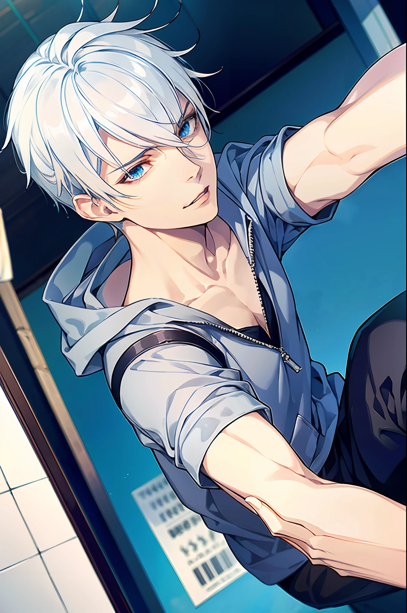 1boy, short white hair, sky blue eyes, grey hoodie, black pants, city, high res, 8K, utrasharp, masterpiece, looking at viewer