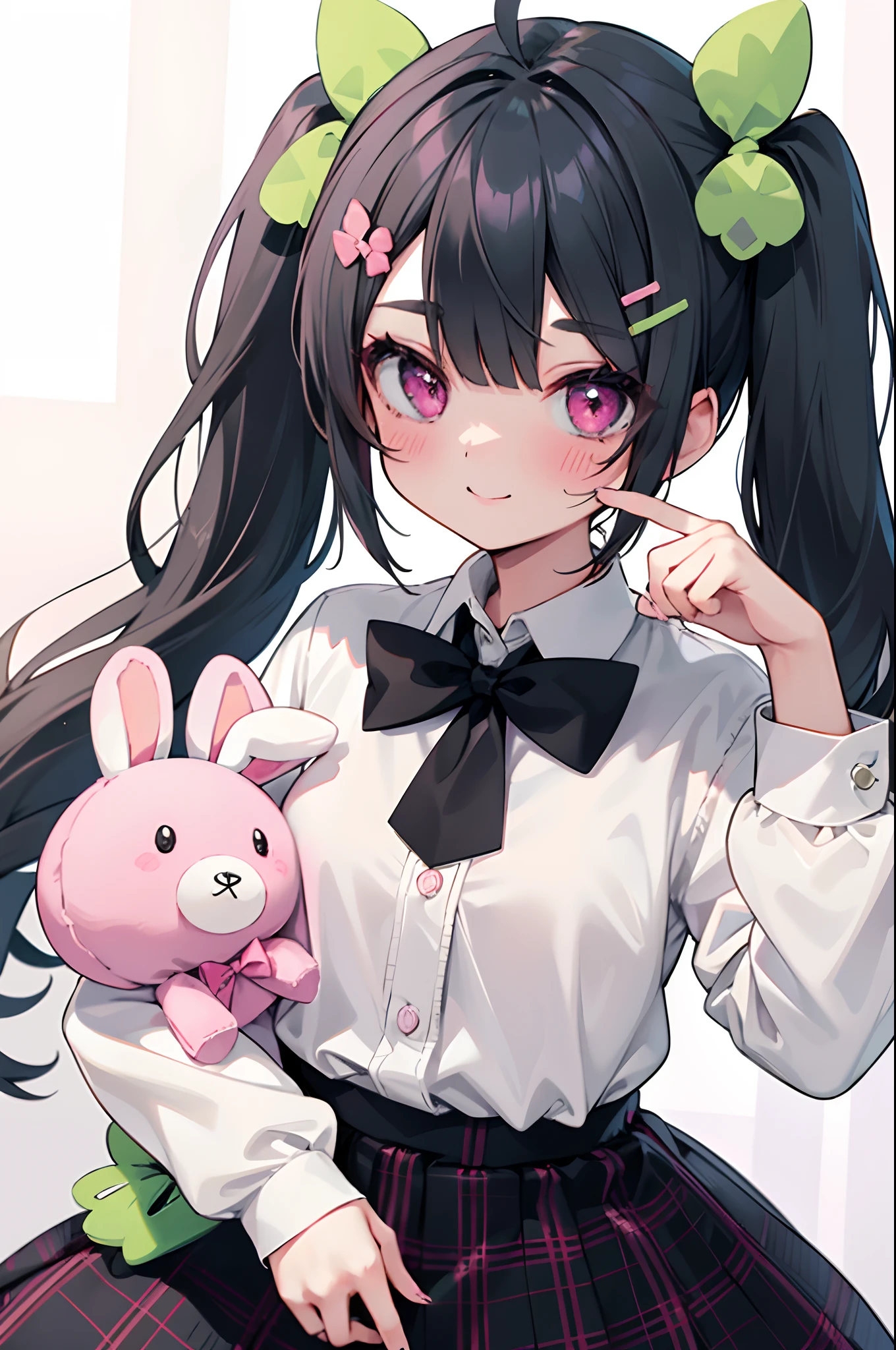 1girl, hair ornament, clover, bow, twintails, smile, stuffed toy, green bow, solo, clover hair ornament, long hair, four-leaf clover, stuffed animal, green nails, black hair, hairclip, shirt, skirt, low twintails, doughnut, bangs, collared shirt, white shirt, stuffed bunny, plaid, long sleeves, food, bowtie, looking at viewer, pink bow, four-leaf clover hair ornament, hair bow, nail polish, sweater, blush, pink eyes