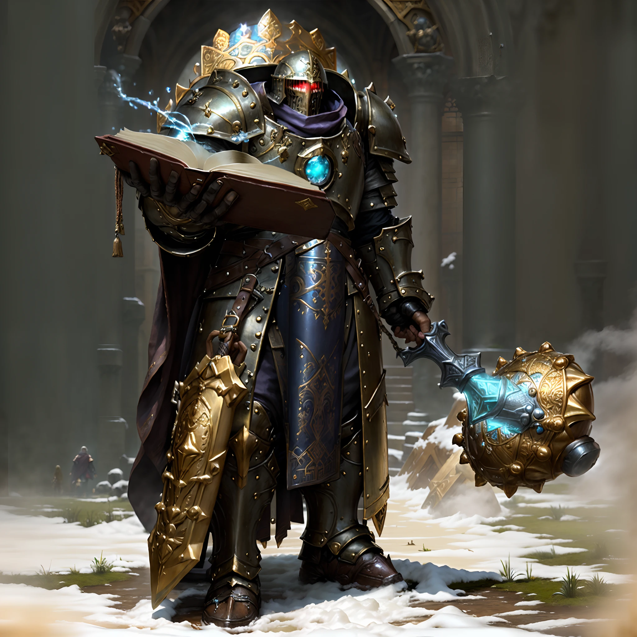 Cleric Warforged, Bulky, medieval robot, Cathedralpunk, cleric medieval robot, ((D&D Warforged: 1.9)), ((Pinnacle_of_protection: 1.9)),( Full body ) character illustration of ( [ an ominous | a gloomy ] ) clockwork ( paladin ) [ perfectly | precisely ] centered in the middle of composition , ( ( ( Alphonse Mucha's ) nouveau ) concept [ character design | art | illustration ] ) , perfect pose with ( ( clear and readable tangents ) full of negative space ) , perfect ( symmetrical and ( well-proportionate anatomy ) ) exquisite ( solid drawing ) volumetry ) enhancing ( perspective ( depth ) ), (solo: 1.9) (alone: 1.9) (completely_alone: 1.9), ((Giant tough and extremely_heavy: 1.9)), ((godly: 1.9)), inhuman, (ABSURDLY_HEAVY AND DEFENSIVE_LOOKING: 1.9), (holding an enormous book: 1.9), (holding a gigantic_hammer: 1.9)