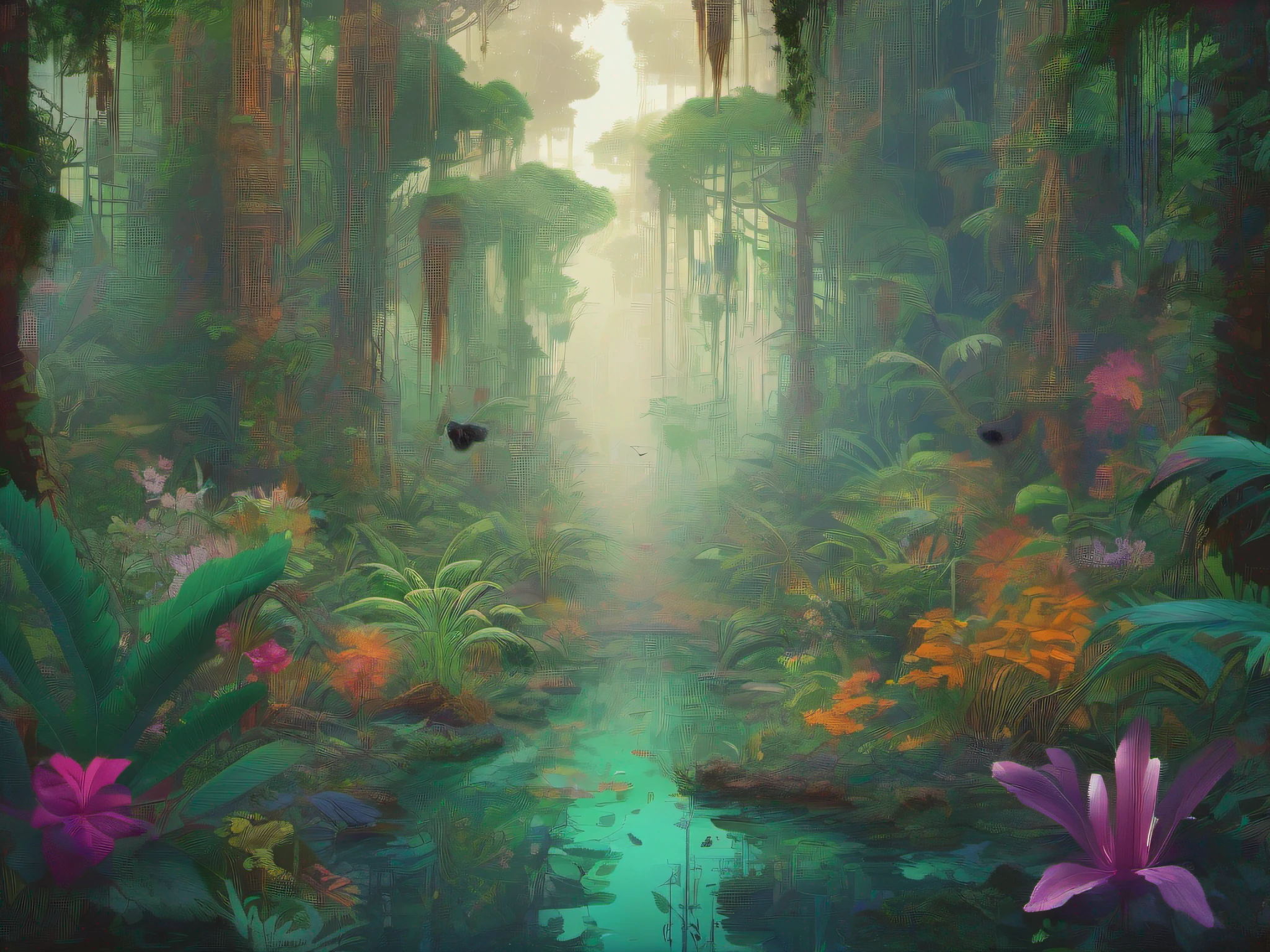 Hyperdetailed regenerative [glitch] still, (koan), matte, understated, (meditative: 1.2), (harmonic) impressionism, cerebral, (interconnected), labyrinth, (introspective), psyche, balanced and reciprocal, concept: "A mysterious jungle with dense foliage, winding paths, and a sense of ancient wisdom. The jungle acts as the lungs of biological life, providing oxygen and absorbing carbon dioxide. Imagine a place where nature reigns supreme, where the sounds of wildlife echo through the trees and the air is thick with the scent of exotic flowers. This jungle is a living organism in itself, pulsing with energy and vitality.