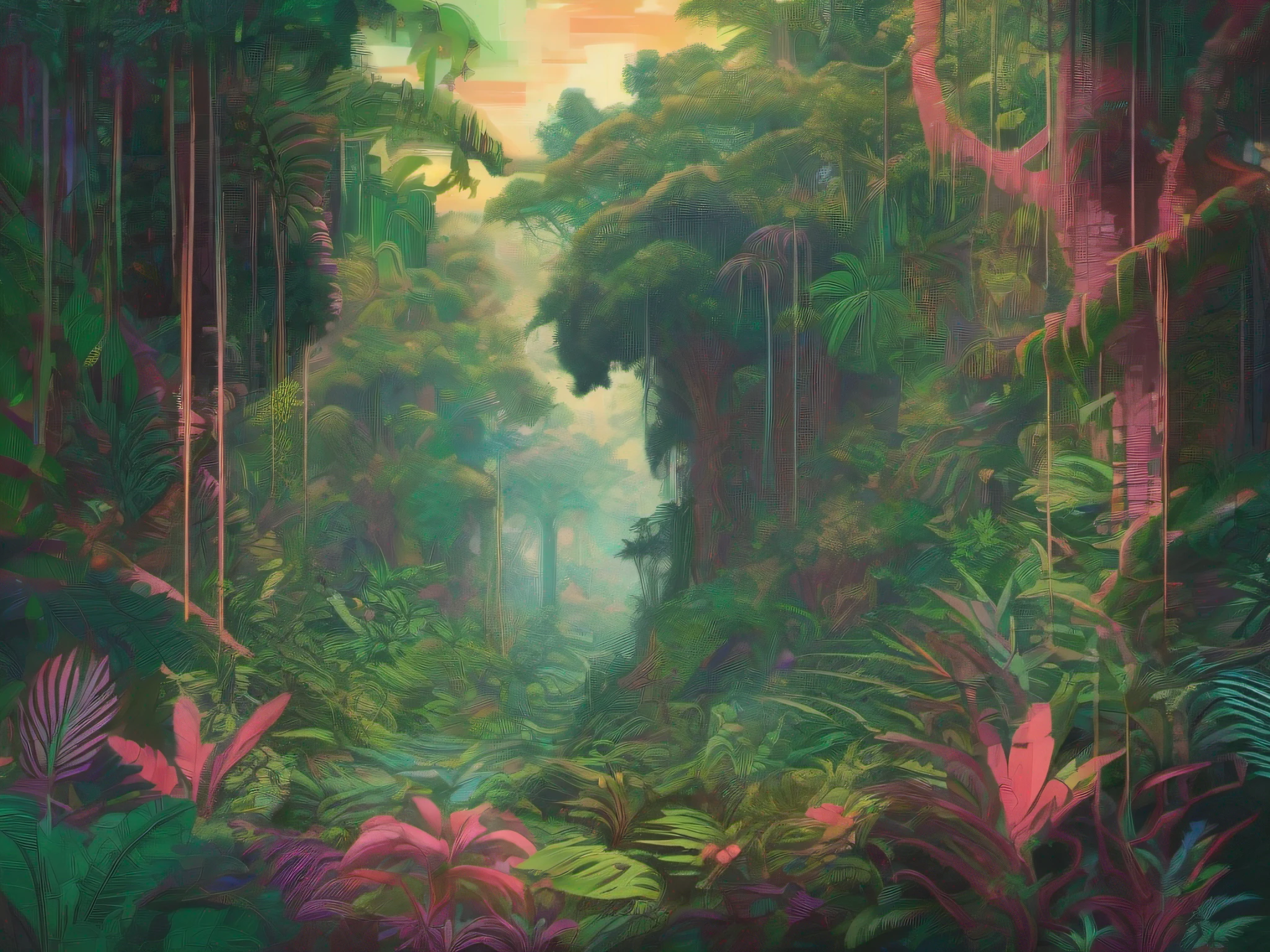 Hyperdetailed regenerative [glitch] still, (koan), matte, understated, (meditative: 1.2), (harmonic) impressionism, cerebral, (interconnected), labyrinth, (introspective), psyche, balanced and reciprocal, concept: "A mysterious jungle with dense foliage, winding paths, and a sense of ancient wisdom. The jungle acts as the lungs of biological life, providing oxygen and absorbing carbon dioxide. Imagine a place where nature reigns supreme, where the sounds of wildlife echo through the trees and the air is thick with the scent of exotic flowers. This jungle is a living organism in itself, pulsing with energy and vitality.