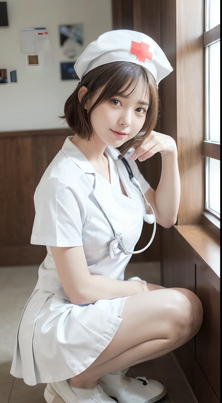 ((highest quality)), ((masterpiece)), (detailed), Perfect face pediatric ward nurse，Short Hair，Full body sitting figure