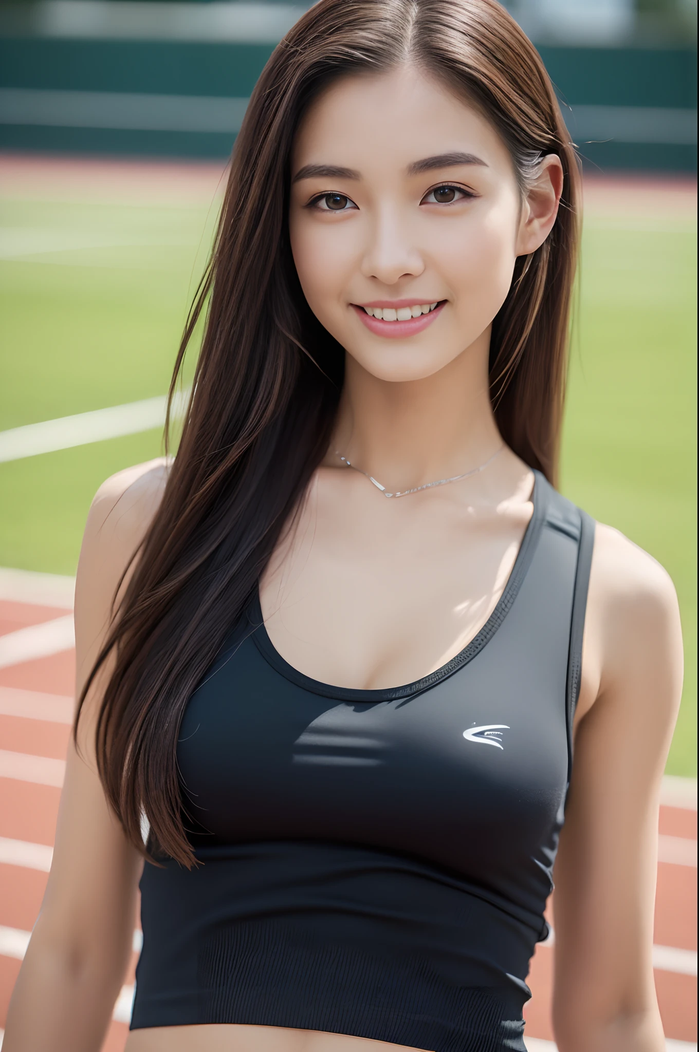 ((A photo of female track player:1.37)), (Realistic, Photorealistic: 1.37), (Masterpiece, Best Quality: 1.2), (Ultra High Resolution: 1.2), (RAW Photo: 1.2), (Sharp Focus: 1.3), (Face Focus: 1.2), (Ultra Detailed CG Unified 8k Wallpaper: 1.2), BREAK, (Beautiful Skin: 1.2), (pale Skin: 1.3), (Hyper Sharp Focus: 1.5), (Ultra Sharp Focus: 1.5), ( Beautiful pretty face: 1.3), (Korean Idol face:1.3), (super detailed background, detail background: 1.3, detailed night track and field view background:1.3), break, very cute and beautiful Japan pictures of women, (athlete), professional attire, (18 years old: 1.1), portrait of a stunning girl with a light seductive smile, closed eyes, upper body image, When viewed from the front, the composition is symmetrical, (Studio lighting: 1.3), (Cinematic lights: 1.3), ( backlight: 1.3), dim lighting, lighting that covers the whole body, looking straight at you, (sexy model pose), break, (mahogany half up thin hair: 1.2), dark brown eyes, beautiful eyes, princess eyes, ((mahogany hair:1.3)), single hair, bangs, Hair between eyes, Long hair, (voluptuous:1.37), curby, (gigantic-breast;1.37, sagging breasts:1.37, big breast:1.37, big cleavage:1.37), (thin waist: 1.05), (detailed beautiful girl: 1.4), (Chest squeezed together, View viewer, (red track uniform:1.3, tight sports shirts, bruma)), Solo, Parted lips, pink lips, (shiny skin), sweat, (light seductive smile:1.15), ((Perfect Female Body)), (Upper Body Image:1.3), Frame Head, Perfect Anatomy, Perfect Proportions, 8.5 Life-Size, Face Focus, Ultra Realistic Photo, Hyper Sharp Image, Hyper Detail Image,