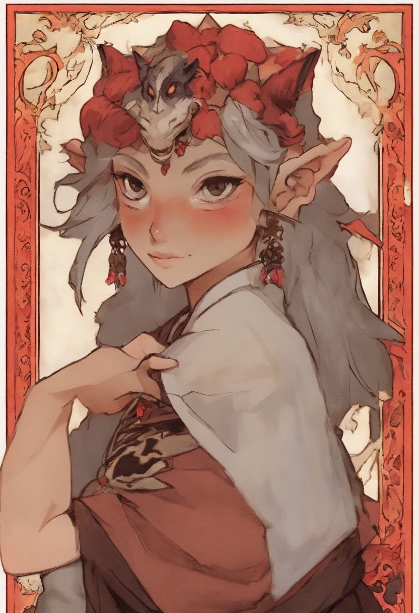A red-skinned goblin (inspected from the red-skinned Japanese Oni demon). The elf is dressed in a toga made of furry orange fur. the skin is orange in color with black dots and thin stripes and a round patch on the skin. The atmosphere is one of magic and romance and mystery. In the background the universe. realistic image, perfect quality, high definition. the goblin is being hit, pierced, impaled, by a beam of white light coming from above.