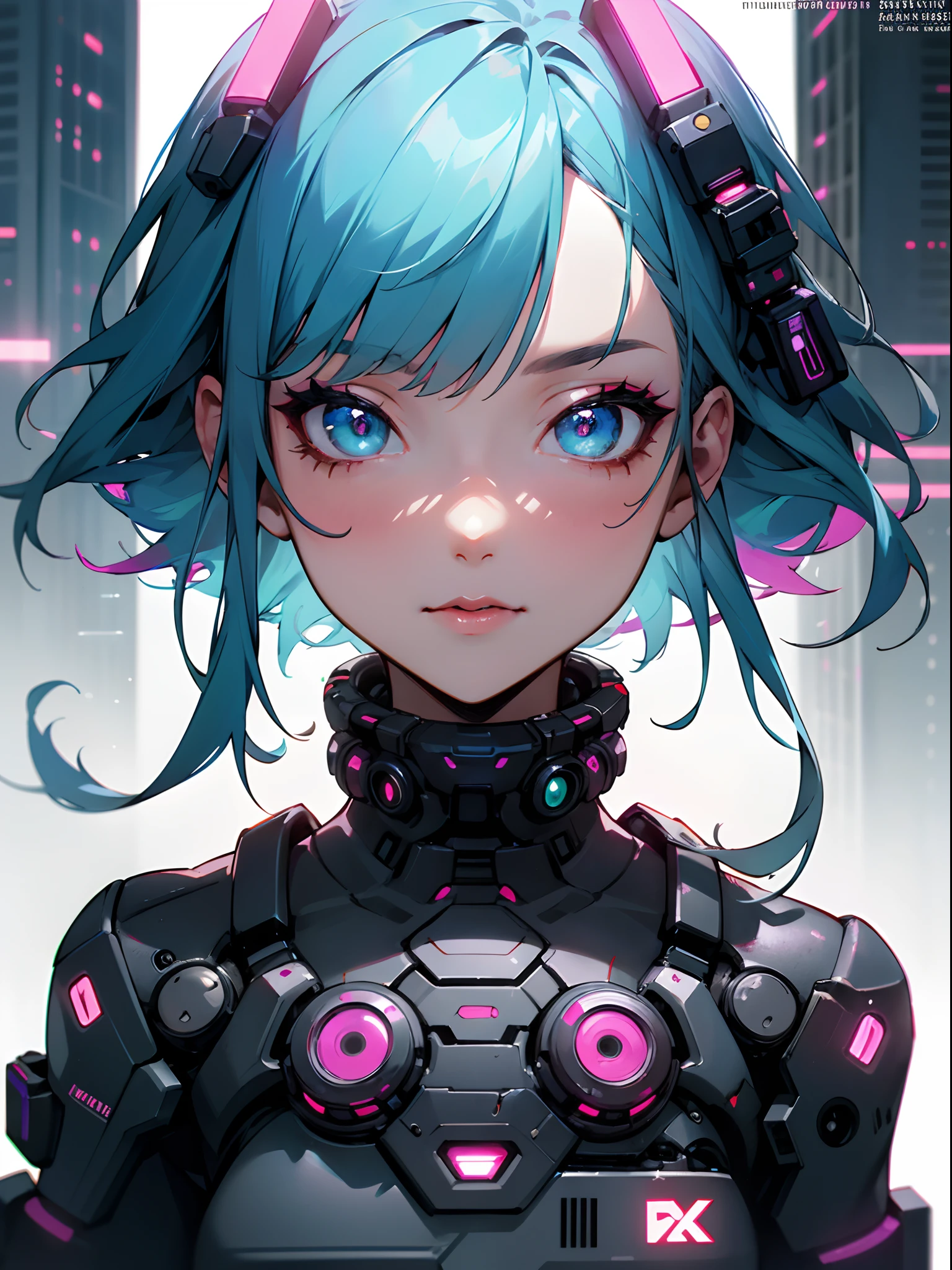 solo, female, sfw, medium shot, iridescent eyes, vibrant electric blue hair, sleek asymmetrical bob cut hair, pale skin, bright skin, lithe, athletic, cyborg hands, workshop, cyberpunk, mischievous smile