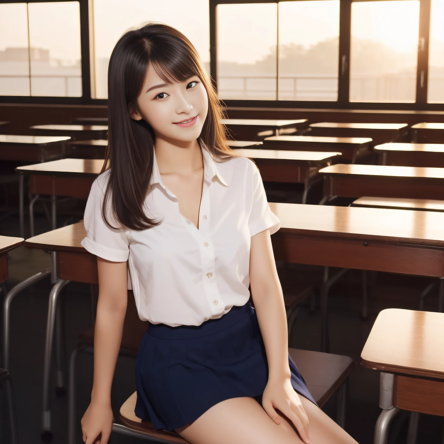 ((8K分辨率、top-quality、masterpiece、超A high resolution:1.2))、 Cute Japan woman with good looks, (Beautiful fece:1.2)、1girl in、High School Teacher、White blouses、Navy blue skirt、Luxury black panties、Colossal tits、cleavage of the breast、Dark hair、Black eyes、bobhair、27 year old beautiful woman、Constricted body、beauty legs、Beautiful limbs、Footboard beauty、Sexy Pose、looking at away、High School Classroom、desk work、a chair、early evening、Beautiful sunset、Smile、profetional lighting、