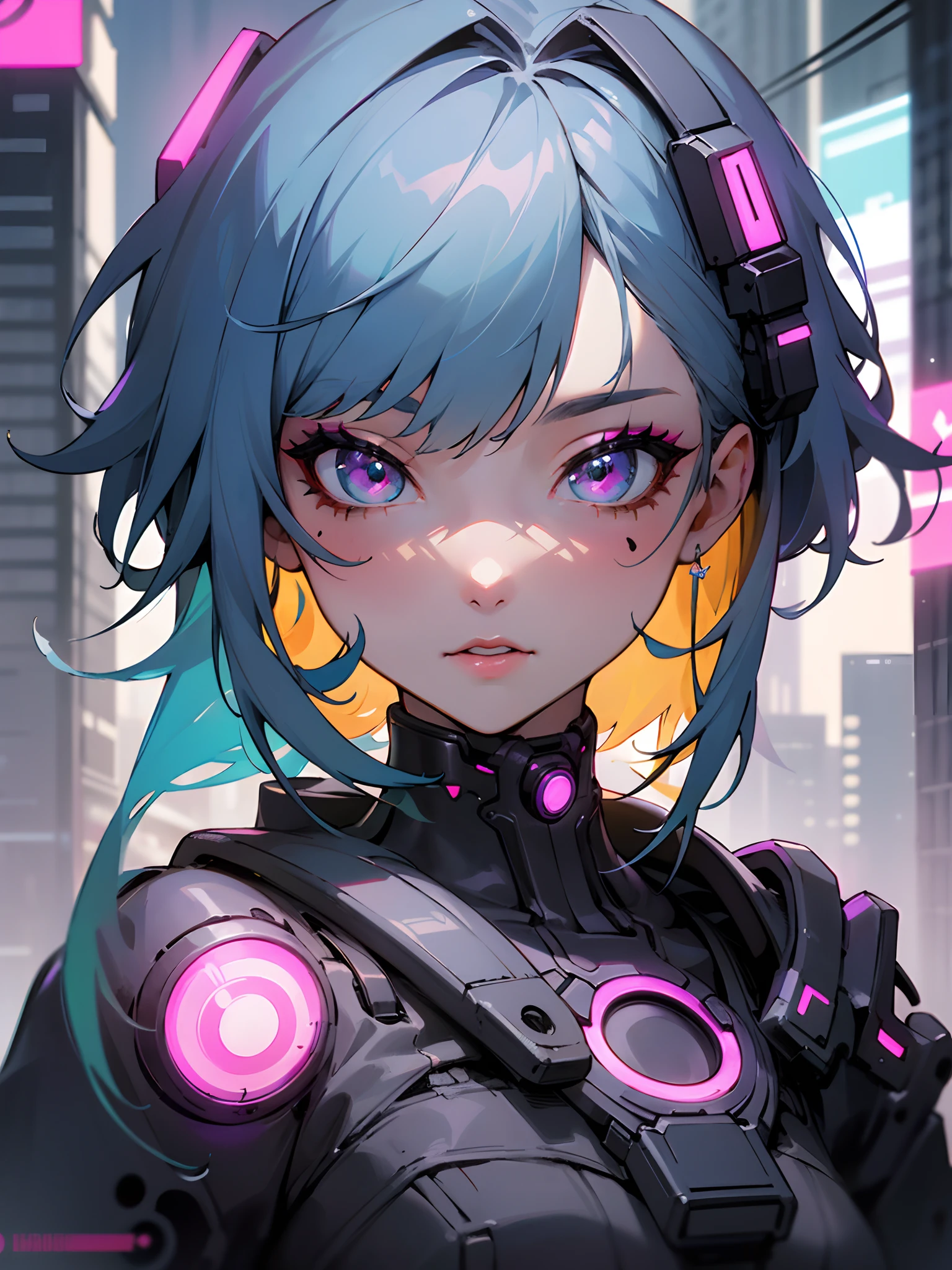 Masterpiece best quality (portrait) of confident cyberpunk girl, Harajuku-inspired pop outfit, bold colors and patterns, eye-catching accessories, trendy and innovative hairstyle, shapeless hair, vibrant makeup, illustration, detailed skin texture, detailed cloth texture, (beautiful detailed face), intricate details, ultra detailed, dazzling Cyberpunk  cityscape in background, skyscrapers, neon signs, (LED lights), bright and vivid color scheme