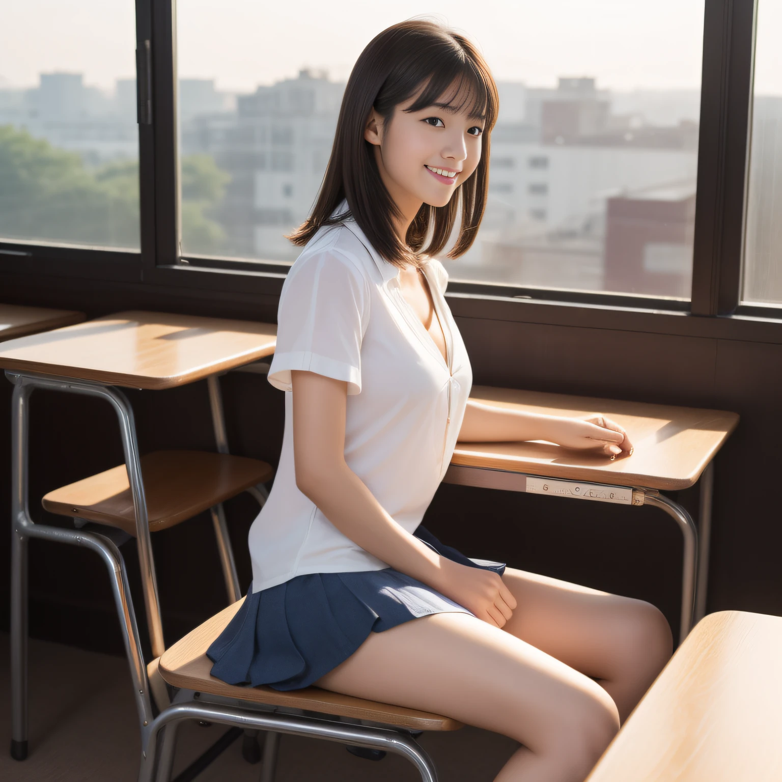((8K分辨率、top-quality、​masterpiece、超A high resolution:1.2))、 Cute Japan woman with good looks, (Beautiful fece:1.2)、1girl in、High School Teacher、White blouses、Navy blue skirt、Luxury black panties、Colossal tits、cleavage of the breast、Dark hair、Black eyes、bobhair、27 year old beautiful woman、Constricted body、beauty legs、Beautiful limbs、Footboard beauty、Sexy Pose、looking at away、High School Classroom、desk work、a chair、early evening、Beautiful sunset、Smile、profetional lighting、