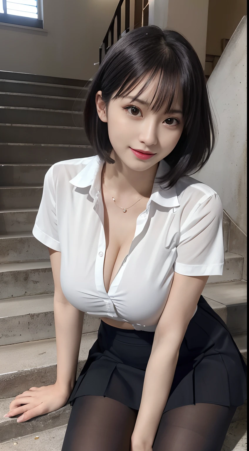 masutepiece, Best Quality, japanaese girl,1girl in, 8K, Raw photo, top-notch quality, masutepiece, nffsw:1.2, exceptionally detailed RAW color photo, professional-grade photograph, (Realistic, Photorealistic:1.37), (highly detailedskin:1.2), Ultra-high resolution, (lenz 50mm), (F/1.2),Exquisitely Detailed Eyes,Staring at the viewer,
break
With 1 girl (There are many elderly people:1.4), Beautiful face, kawaii,(Smile:1.05),(20yr old, Large breasts, The constriction is beautiful、big breasts thin waist,Straight hair, (Short hair), Black eyes, white fine skin,small mouth, high cheekbones (Definition), Sexy Pose,(Leaning forward:1.3),(The to the FW:1.1),White panties、Korean Idol、Nogizaka Idol、hposing Gravure Idol、Adults、女優、(masutepiece, top-quality:1.3), (Ultra detailed 8K cg:1.2), (hyper realisitic:1.35), (Photorealistic:1.45), (Realistic:1.4), Cowboy Shot,
1 beautiful Japanese girl, 22 years old, super model, Japanese Idol, __expression__, Large breasts, (Sit with your legs stretched out on the stairs:1.1), (School uniform:1)
(stairs at school:1.1),(Black pantyhose)、(Simple white collar short sleeve shirt)、(The chest button will open)(The thighs are erotic),Open collar white shirt,cleavage, You can see the shape of the chest, Shirt chest shape