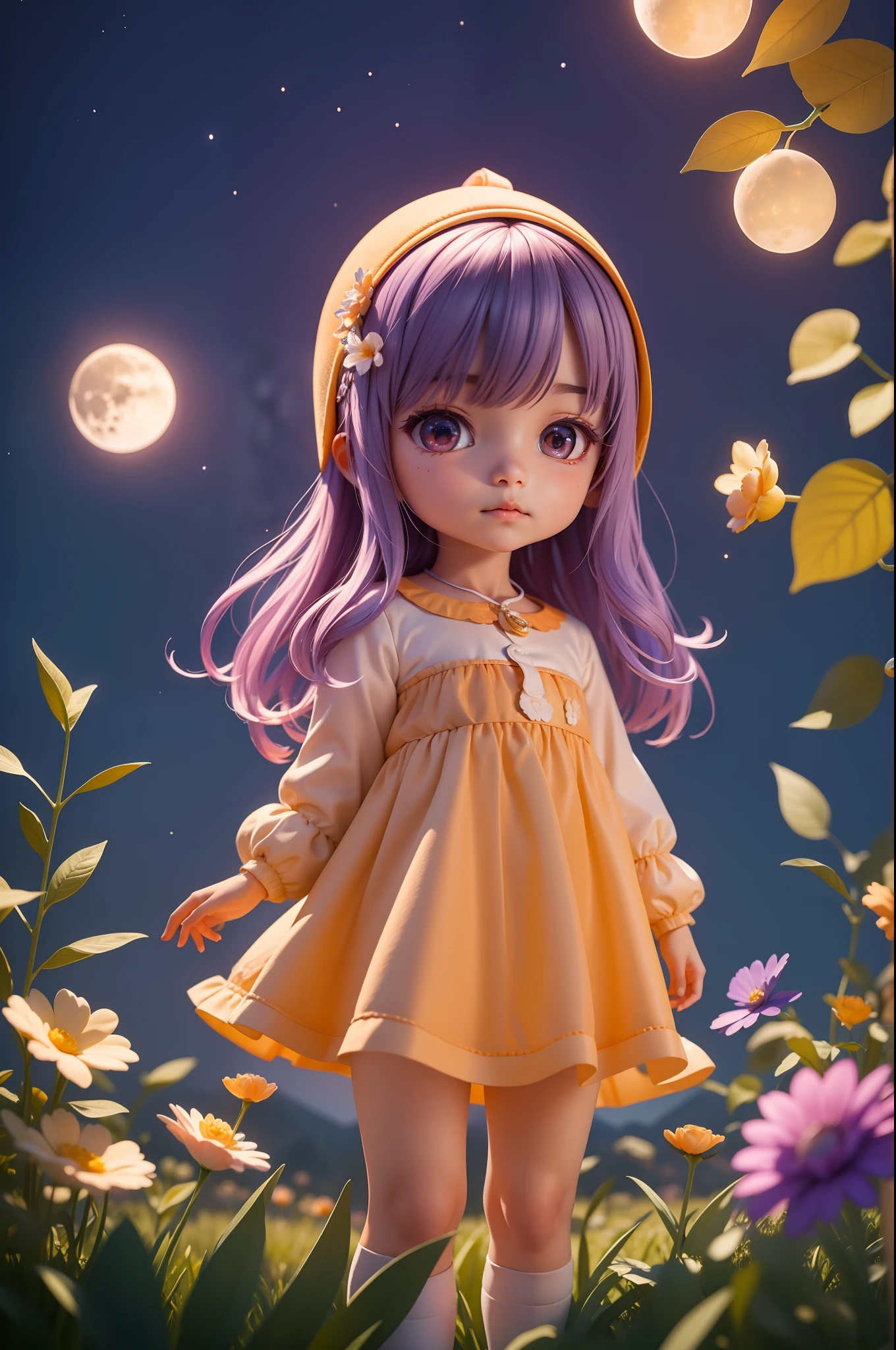 Expansive landscape photograph,(look from down,Above is the sky,Below are open fields),A little girl stood on a flower field and looked up,(moon full:1.2),(meteors:0.9),(Starcloud:1.3),Far Mountain, Tree BREAK making art,(Warm light source:1.2),(glowworm:1.2),lamp lights,Lots of purple and orange,Complicated details,Volumetric lighting BREAK(tmasterpiece:1.2),(best qualtiy),4K,ultra - detailed,(dynamic compositions:1.4),detail-rich,plethora of colors,(Irridescent color:1.2),(with light glowing,Atmospheric lighting),dream magical,magical,(独奏:1.