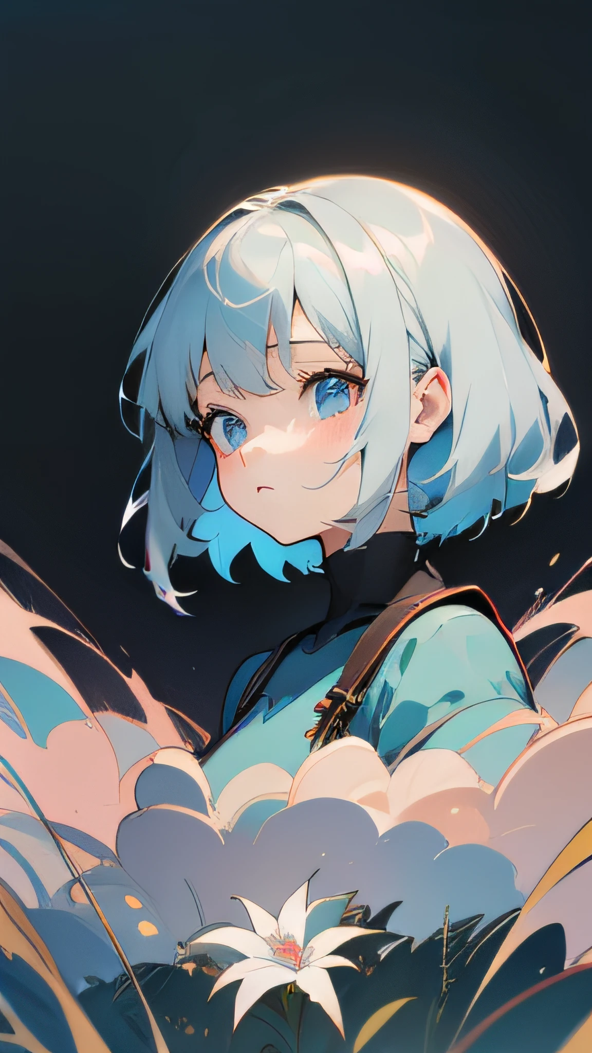 A girlis, das in einem feld von blauen blumen sitzt, Anime Aesthetics, Anime-Kunststil, Beautiful anime art style, Lofi Girl Aesthetics, Lofi Girl, Digitale Anime-Illustration, Hochwertiger Anime-Artstyle, Illustration im Anime-Stil, Anime-Vibes, beautiful anime portrait, Lob Artstyle, Anime-Illustration, Lofi-Kunst, Niedlicher Kunststil