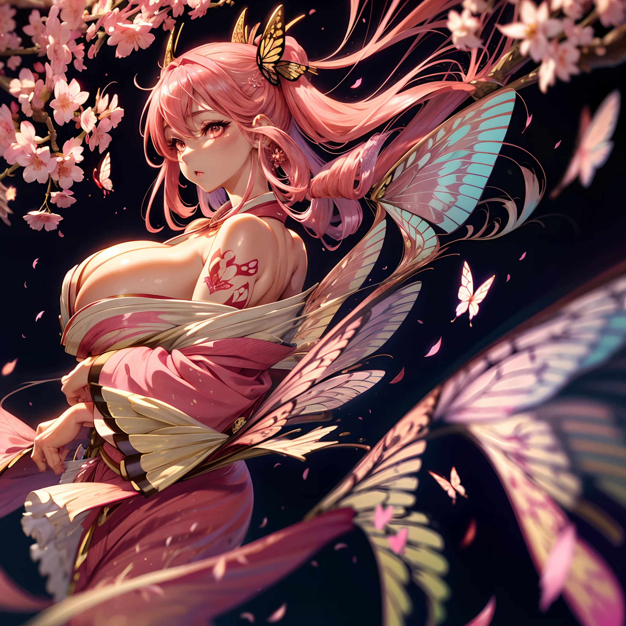 The most beautiful and sexy cherry blossom goddess, long beautiful pink hair, glowing white eyes, wearing the most beautiful and highly detailed kimono, with butterfly wings, huge gigantic enormous tits, cleavage showing, tons of tattoos and piercings, cherry blossoms and butterflies blowing in the wind, perfect masterpiece, high quality, high resolution
