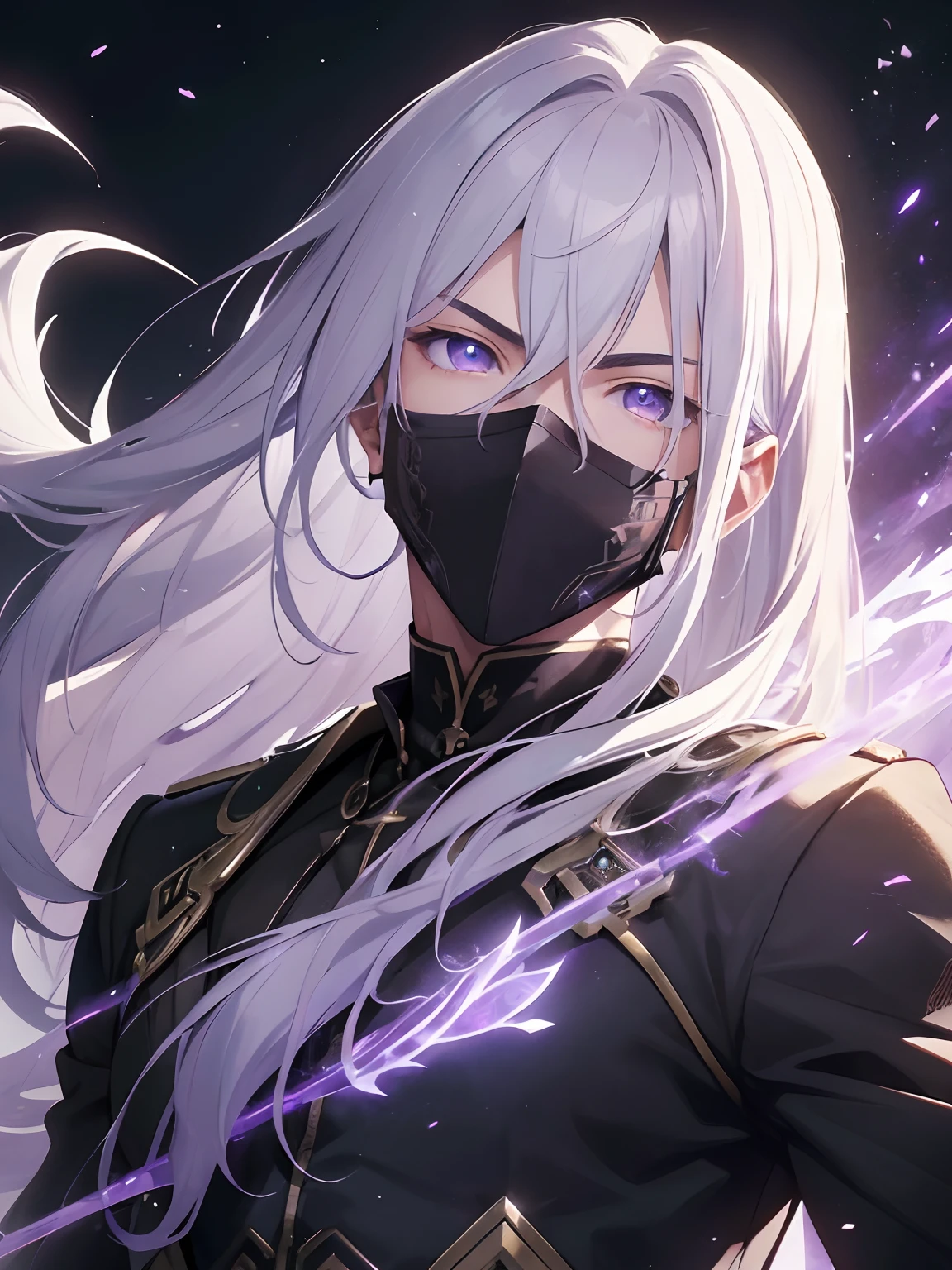 1man, fantasy world, wise, vanity expression , handsome, long silver hair, close up shot, purple eyes, highest quality digital art, Stunning art, stunning art, wallpaper 4K, 8K, 16K, 32K, absurdres, highly detailed, anime masterpiece, serene expression, anime, best anime character design, looking at viewer, (((A handsome young))), ((Teenage:1.5)), (glow purple eyes), ((Eyes have light)),upper body only, fractal art, assassin, thief clothes, daggers, {{{mask on mouth}}}, dynamic pose, {{standing tall}}