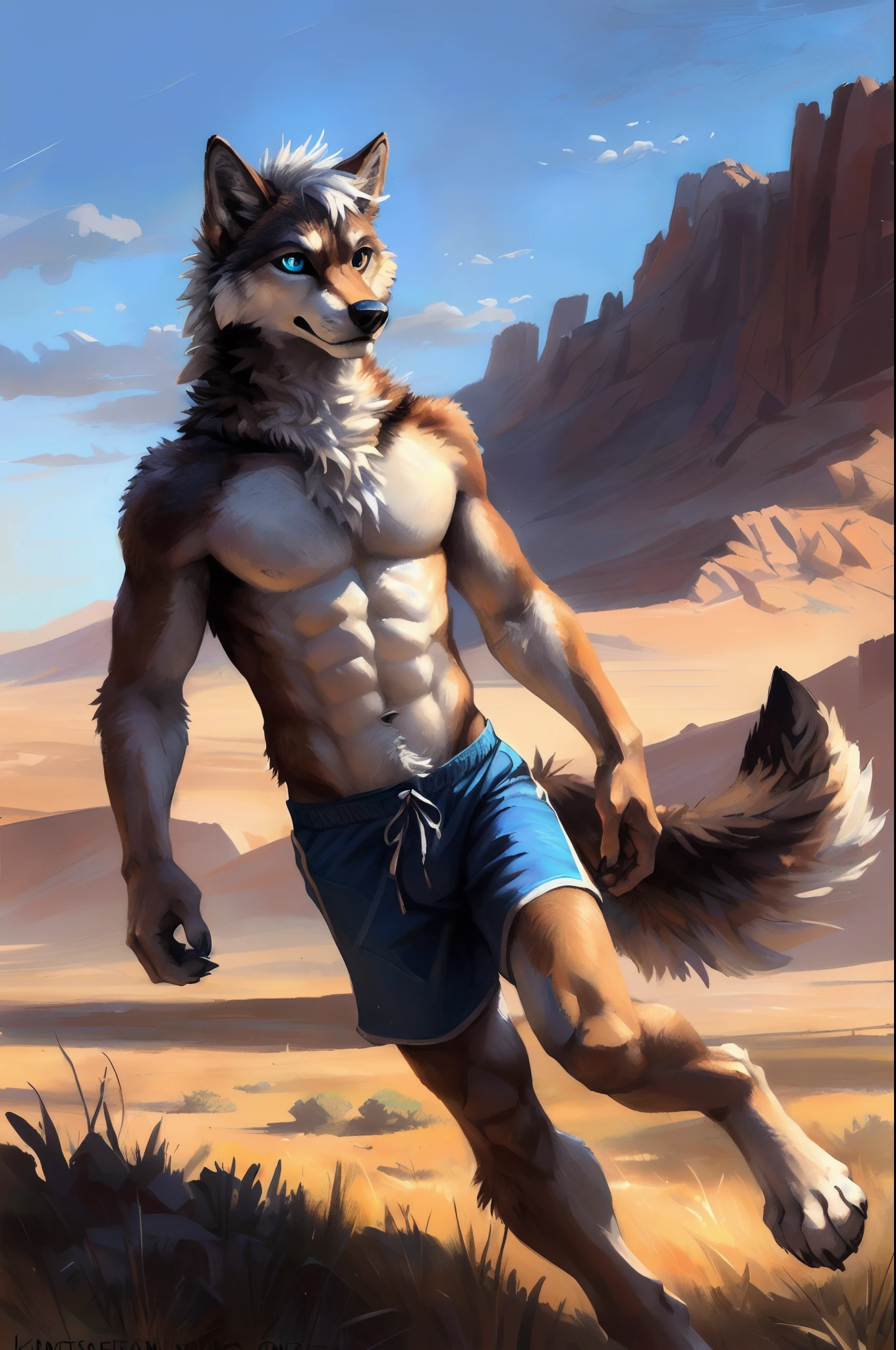 ((Solo)), male people, anthro wolf, (Multi-colored fur, White-brown:1.3), ((Wolf face, White hair, Big eyes, White eyelids, Blue pupil, Slim:1.2) (Tough, Calm expression:1.2)), Abs, Slim, pinging)), (Correct anatomy), (Work shorts:1.1), (Contour bone:1.2), The upper body is naked, (detailed outfits),A big tail,Feet,(Realistic fur, Detailed fur texture, labeled:1.3)), (Natural lighting), Photorealistic, Hyperrealistic, ultradetailed, by Kenket,Endless grasslands,No buildings,Running on