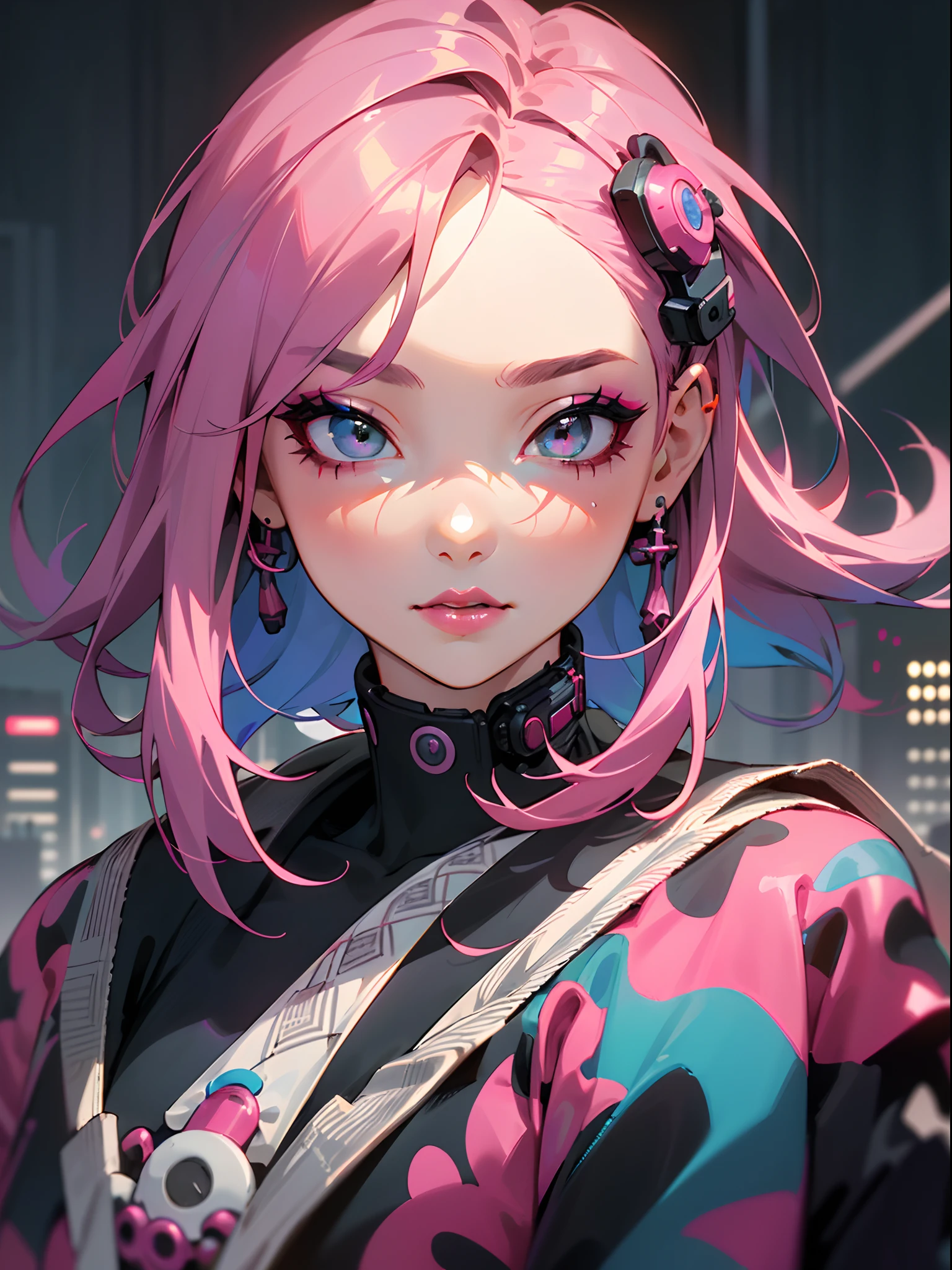 Masterpiece best quality (portrait) of confident cyberpunk girl, Harajuku-inspired pop outfit, bold colors and patterns, eye-catching accessories, trendy and innovative hairstyle, shapeless hair, vibrant makeup, illustration, (detailed skin texture, detailed cloth texture), ((beautiful detailed face)), intricate details, ultra detailed, dazzling Cyberpunk cityscape in background, bright and vivid color scheme