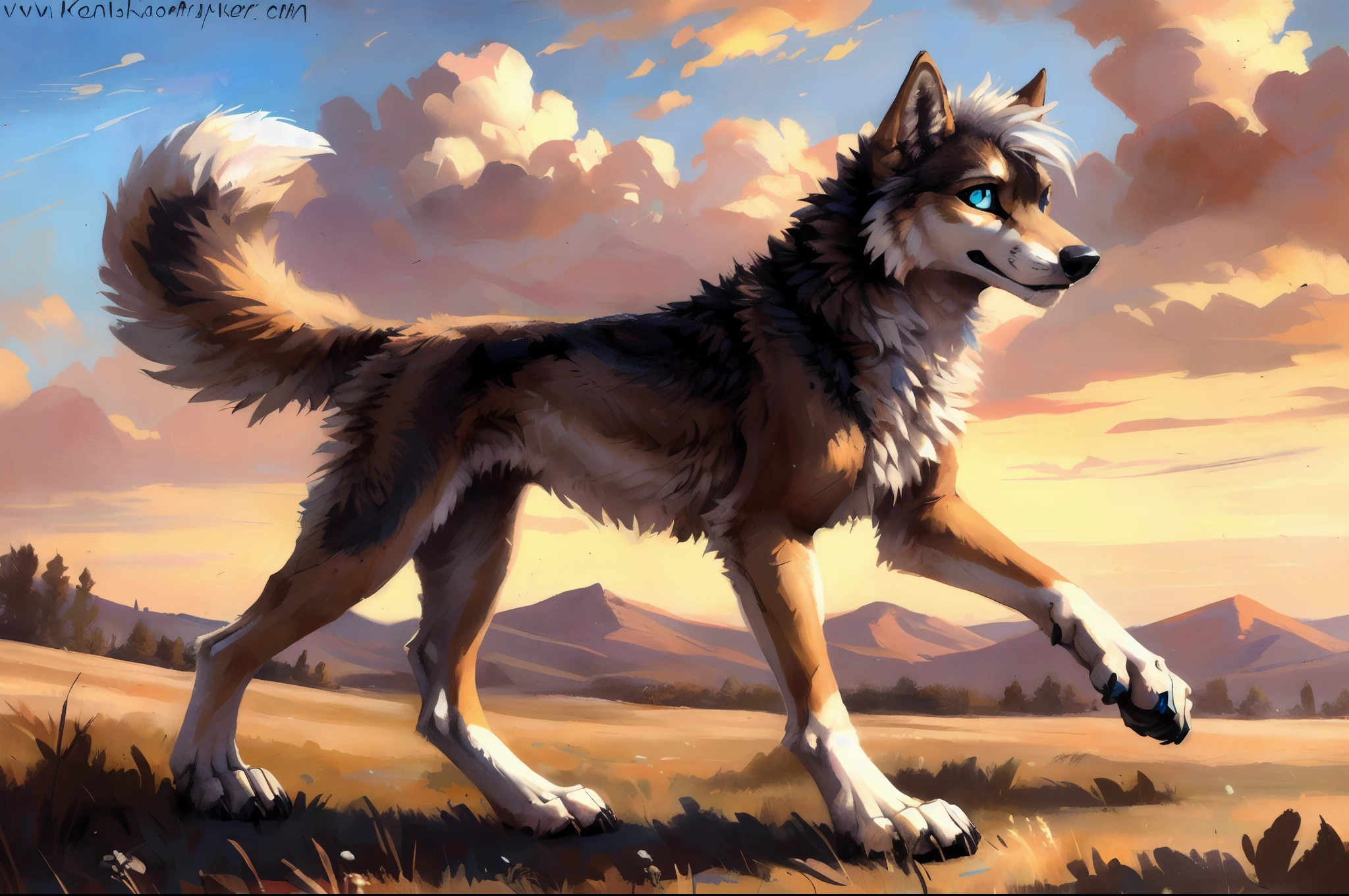 ((Solo)), male people, coyote, (Multi-colored fur, White-brown:1.3), ((Wolf face, White hair, Big eyes, White eyelids, Blue pupil, Slim:1.2) (Tough, Calm expression:1.2)), Abs, Slim, pinging)), (Correct anatomy), A big tail，Feet，Longer torso，(Realistic fur, Detailed fur texture, labeled:1.3)), (Natural lighting), Photorealistic, Hyperrealistic, ultradetailed, by Kenket，Naked all over the body，Endless grasslands，Walking