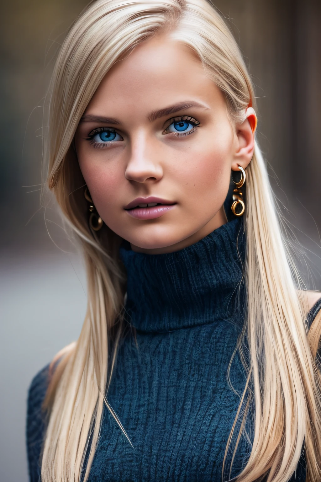 Slender, young, short blonde hair, blue eyes, in town, natural skin texture, 24mm, 4K textures, soft cinematic light, RAW photography, photorealistic, photorealistic, complex, elegant, highly detailed, sharp focus, (((cinematic look))), calm Tone, Insane Detail, Complex Detail, Ultra Detail, High Contrast, Soft Cinematic Light, Dim Colors, Exposure Blending, HDR, Faded, Cold, Waist Thin, Well-Proportioned, (8k, 4k, Top Quality, Hi-Res: 1.1), (Realistic, Photorealistic: 1.1), Girl 1 People, Solo, Twin Tails, Blonde Hair, Bangs, Long Hair, Necklace, Earrings, Lips, Eye Shadow, Jewelry, (Viewer Looking For: 1.8), Spaghetti Straps, Detail, High Contrast, from_side, srfc, stunning complex full color portrait, wearing black turtleneck, spectacular character composition, by Ilya Kubushinov, Alessio Albi, Nina Masic, sharp focus, natural light, sub-surface scatter, f2, 35mm, film grain completely naked