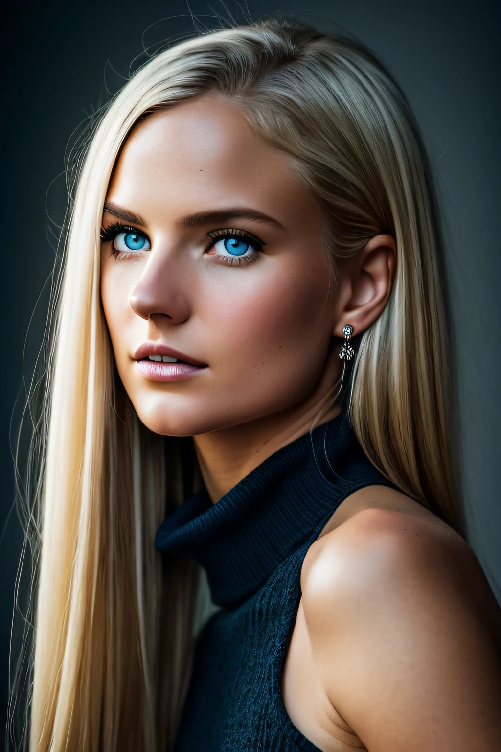 Slender, young, short blonde hair, blue eyes, in town, natural skin texture, 24mm, 4K textures, soft cinematic light, RAW photography, photorealistic, photorealistic, complex, elegant, highly detailed, sharp focus, (((cinematic look))), calm Tone, Insane Detail, Complex Detail, Ultra Detail, High Contrast, Soft Cinematic Light, Dim Colors, Exposure Blending, HDR, Faded, Cold, Waist Thin, Well-Proportioned, (8k, 4k, Top Quality, Hi-Res: 1.1), (Realistic, Photorealistic: 1.1), Girl 1 People, Solo, Twin Tails, Blonde Hair, Bangs, Long Hair, Necklace, Earrings, Lips, Eye Shadow, Jewelry, (Viewer Looking For: 1.8), Spaghetti Straps, Detail, High Contrast, from_side, srfc, stunning complex full color portrait, wearing black turtleneck, spectacular character composition, by Ilya Kubushinov, Alessio Albi, Nina Masic, sharp focus, natural light, sub-surface scatter, f2, 35mm, film grain completely naked