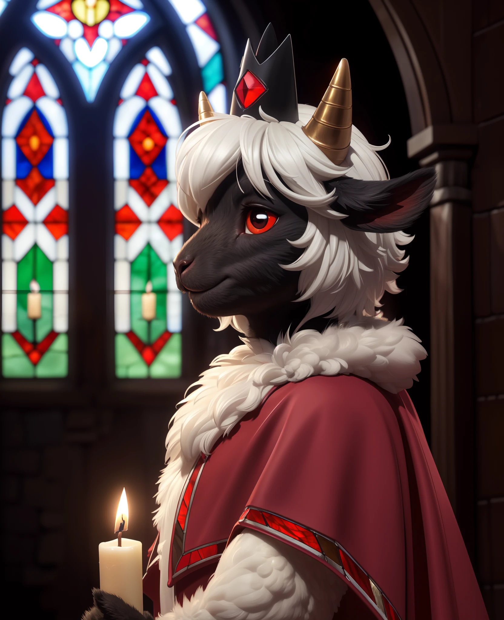 uploaded on e621, ((by Yurusa, by Childe Hassam, by Kenket, by Kyoto Animation)), solo (chibi:1.15) ((sheep (lamb \(cult of the lamb\)), black body and white fur, white hair, horn, clear red sclera)), (wear red crown, red cloak, grey black gown:1.25), (flat chested, smile), ((detailed fluffy fur)), (half-length portrait, looking at viewer, three-quarter view:1.3), BREAK, (standing at church with stained glass:1.25), (outside, fog, mist, candle:1.2), (detailed background, depth of field, half body shadow, sunlight, ambient light on the body), (intricate:0.7), (high detail:1.2), (unreal engine:1.3), (soft focus:1.1), [explicit content, questionable content], (masterpiece, best quality, 4k, 2k, shaded, absurd res)