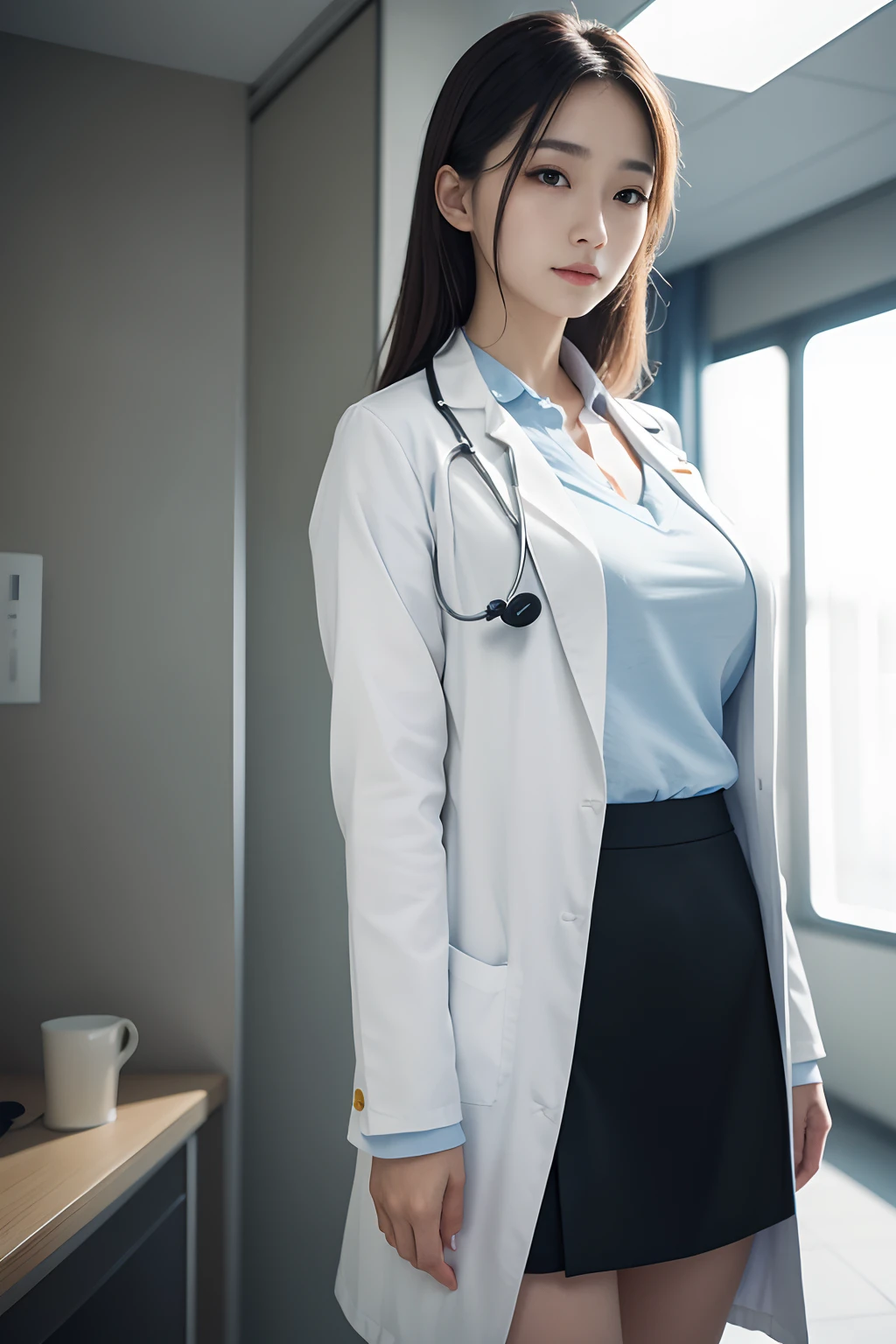 Best Quality, Photorealistic, 8k, High Definition, 1 Girl, Female, (Medium breasts: 1.8), Hospital, Hospital Teacher, Doctor Woman, Lab coat, No panties, Skirt up, ((Sit at desk and legs wide open)), Knees bent and legs open, Slightly shorter hairstyle, Stockings, Diagonal angle, Unbuttoned shirt