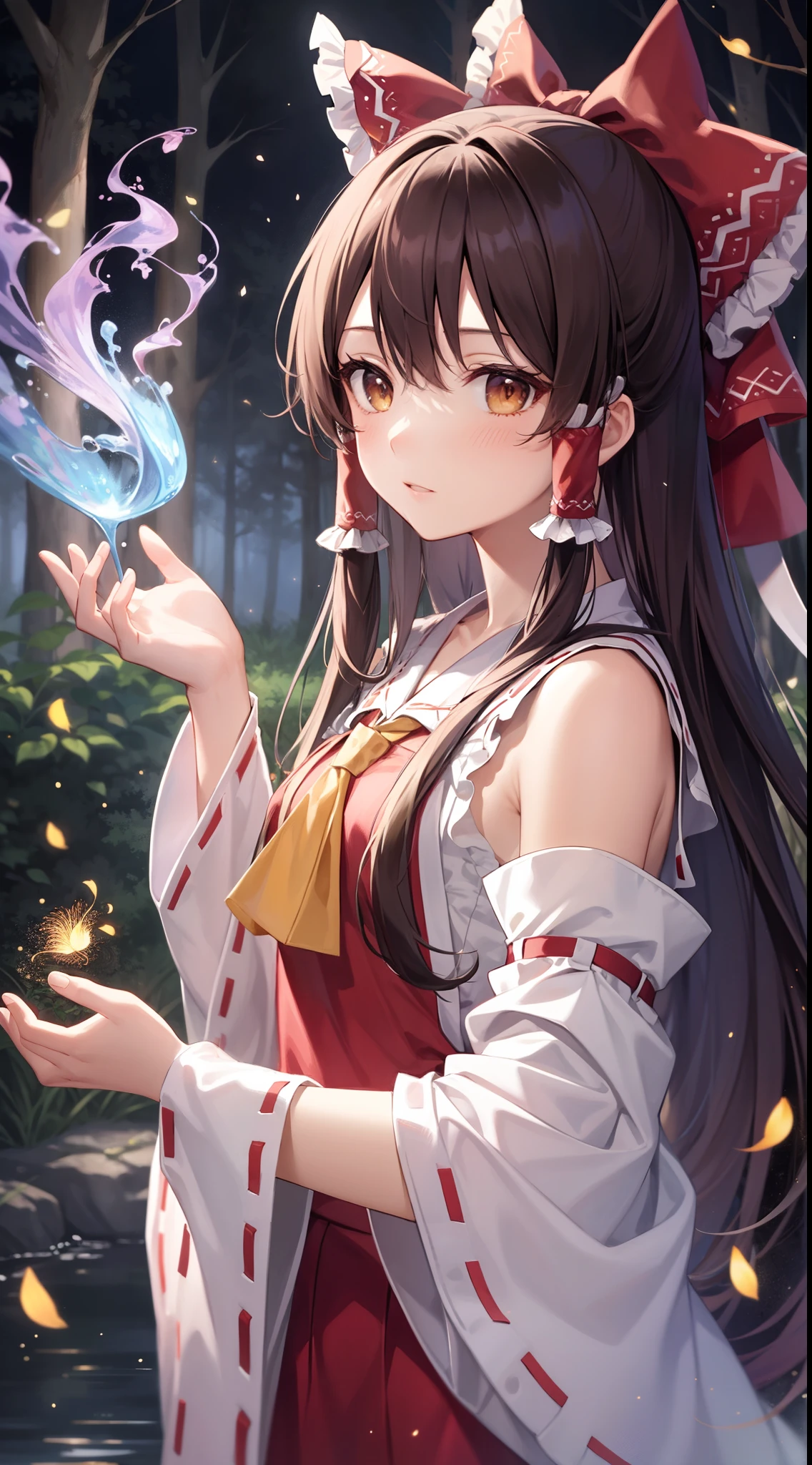 detailed background, masterpiece, best quality, 1girl, hakurei reimu, brown hair, hair tubes, hair ribbon, brown eyes, nontraditional miko, a forest full of purple and white trees, fireflies, water, purple theme, white theme, mystical, magical,