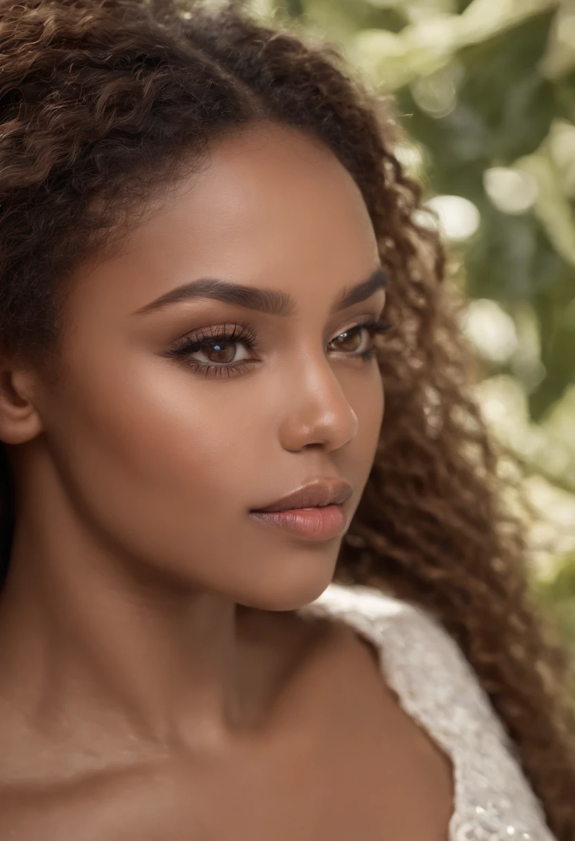 dark brown skin, beautiful face, afro hair, natural afro, long hair, african tribal theme, ((crystal clear hazel eyes:1.2)), detailed eyes, beautiful eyes, ((masterpiece, UHD, 8K)), Depth of field, jamaican trees, cleavage, large breasts, focus on eyes, breasts popping out, detailed skin, texture skin, sexy shoulders, golden brown tan, highly detailed skin, long eyelashes, black mascara, perfect face