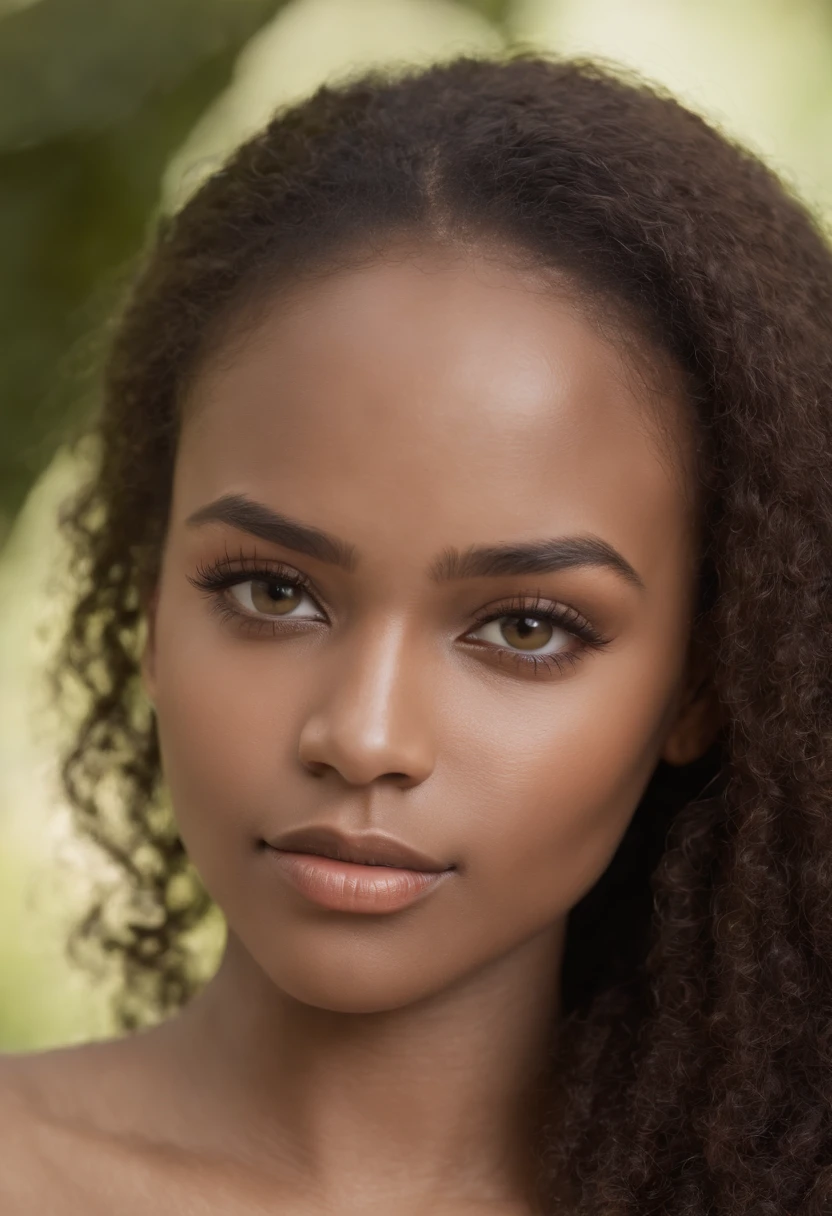 dark brown skin, beautiful face, afro hair, natural afro, long hair, african tribal theme, ((crystal clear hazel eyes:1.2)), detailed eyes, beautiful eyes, ((masterpiece, UHD, 8K)), Depth of field, jamaican trees, cleavage, large breasts, focus on eyes, breasts popping out, detailed skin, texture skin, sexy shoulders, golden brown tan, highly detailed skin, long eyelashes, black mascara, perfect face