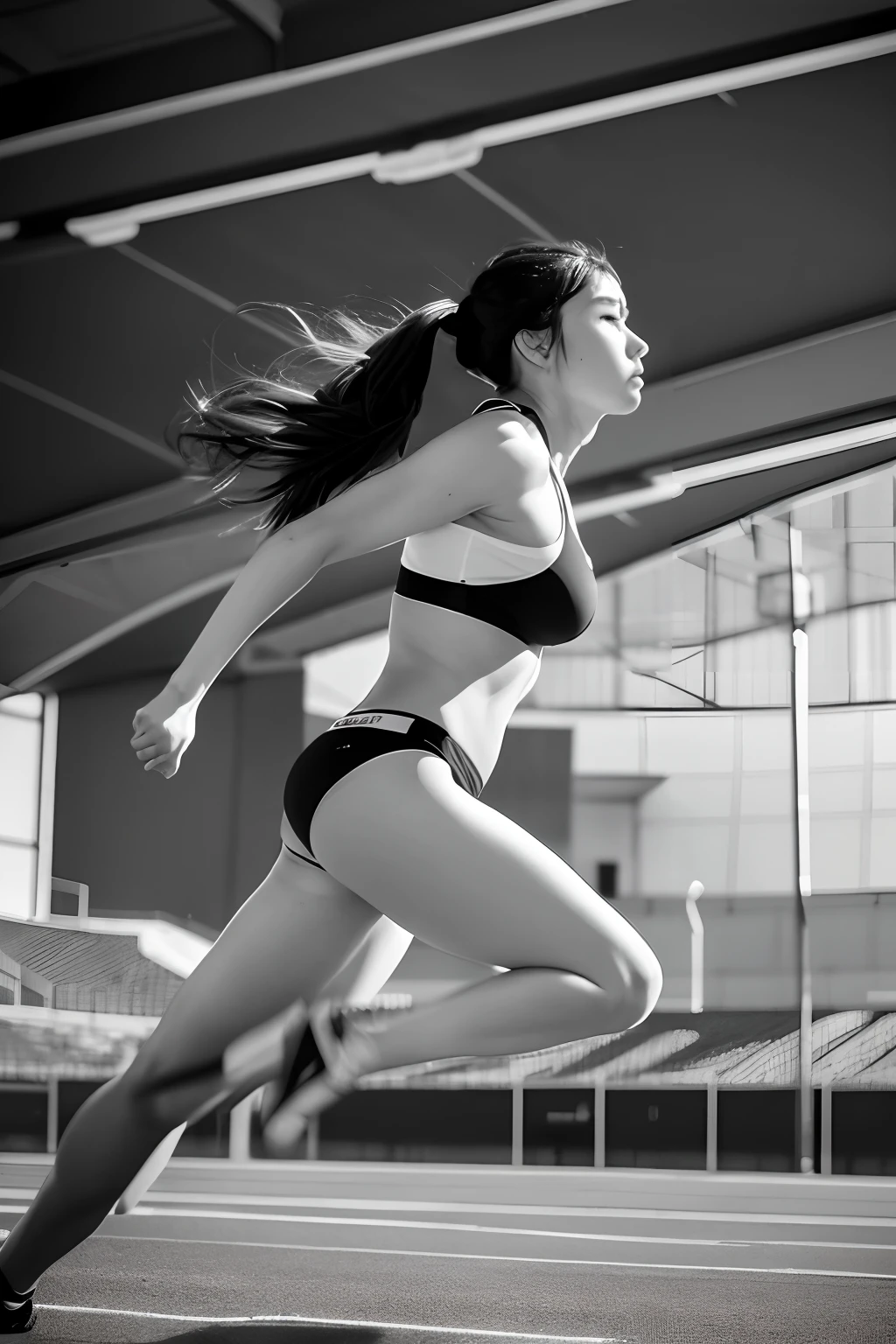 Best Quality, masuter piece, 超A high resolution, (Photorealistic:1.4), Raw photo, Professional Lighting, high-level image quality, high-detail, masterpiece、a 25 year old girl、toru & Field Athlete、Sprinting、Dashing、See the direction of travel、The background is an athletics stadium、Photo from the side、Full-body photographs