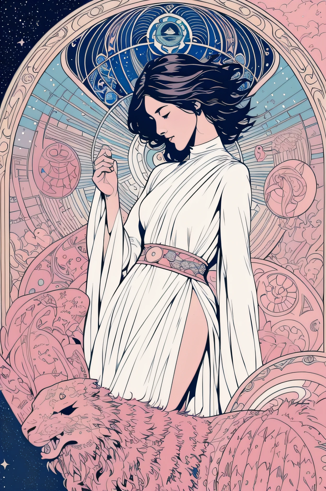 girl, , chased by demon, tarot card, masterpiece, best quality, 4k, tarot card art, line art, clean line art, space-themed coloring mandala, colorful, simple and clean line art, adorned in Art Nouveau style, Genshin,