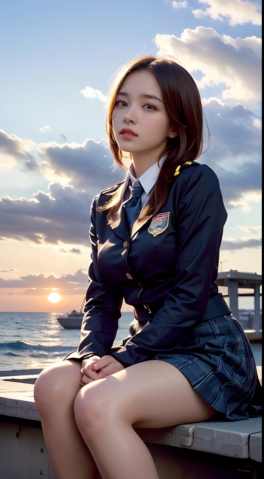 (Best quality, High resolution, Masterpiece :1.3), A pretty woman,
Against the backdrop of an orange-tinted sunset sky with clouds and the sun sinking into the sea, there is a beautiful high school girl in a school uniform sitting. Her hair is light brown, and it’s in a medium bob style. She’s wearing a white blouse and pleated skirt as part of her uniform. She’s sitting with her legs apart, and her gaze is directed towards the camera. Please create this scene from a low-angle shot.