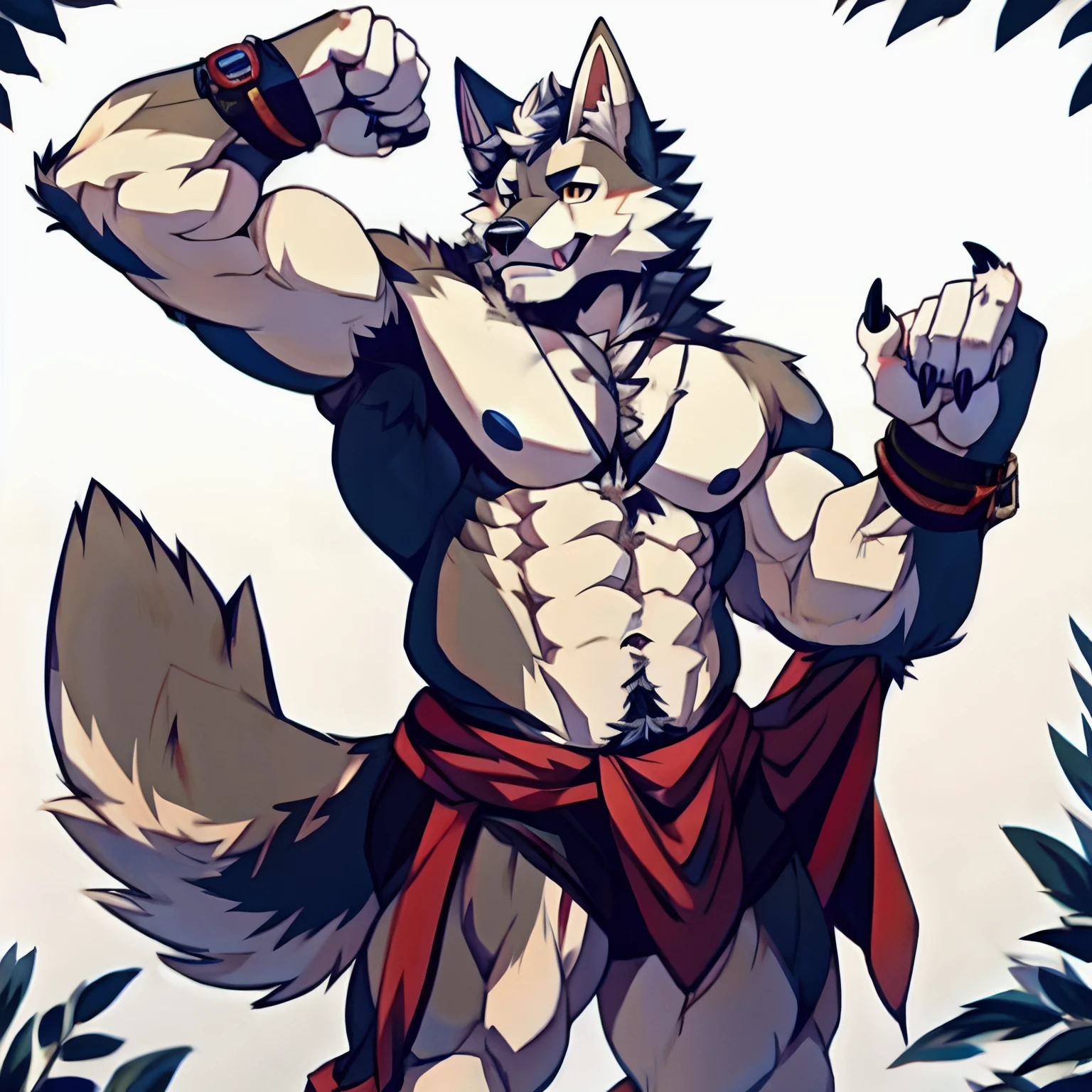 Human-wolf,musculature,Hairy all over,clawed paws,erect through