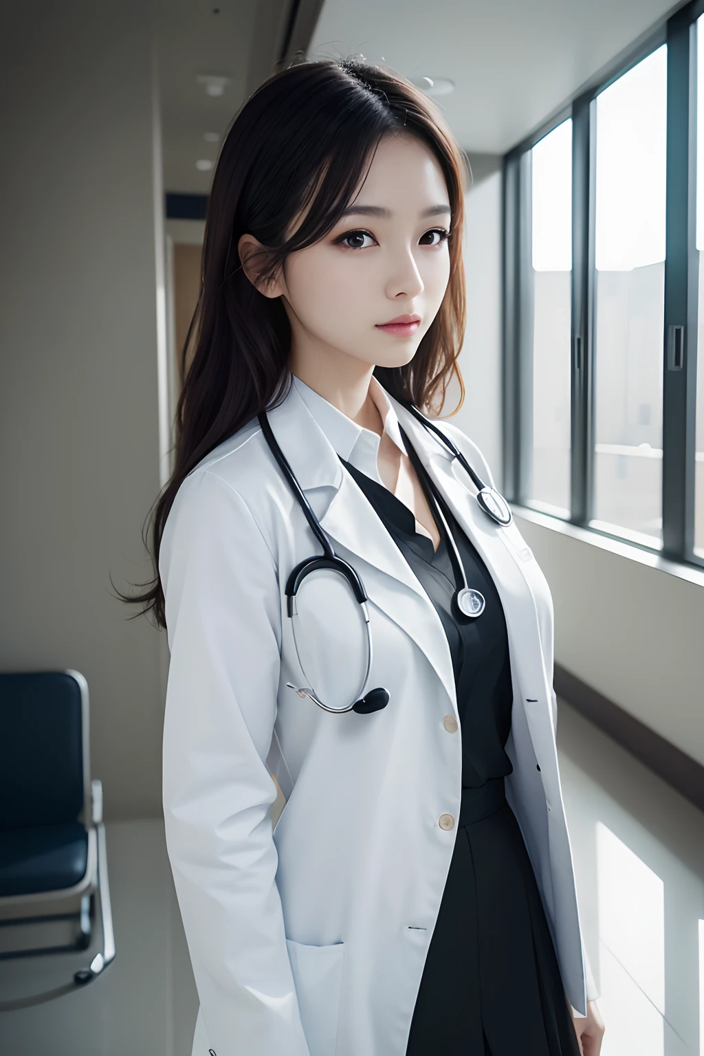 1womanl、(Super beautiful)、(beauitful face:1.5)、physician、(Dressing:1.3)、(White coat for doctors:1.5)、white  shirt、(a miniskirt:1.3)、Sit in a chair in the exam room、(showing   panties)、(white  panties)、with spreading legs、(stethoscope)、(At SFW:1.1)