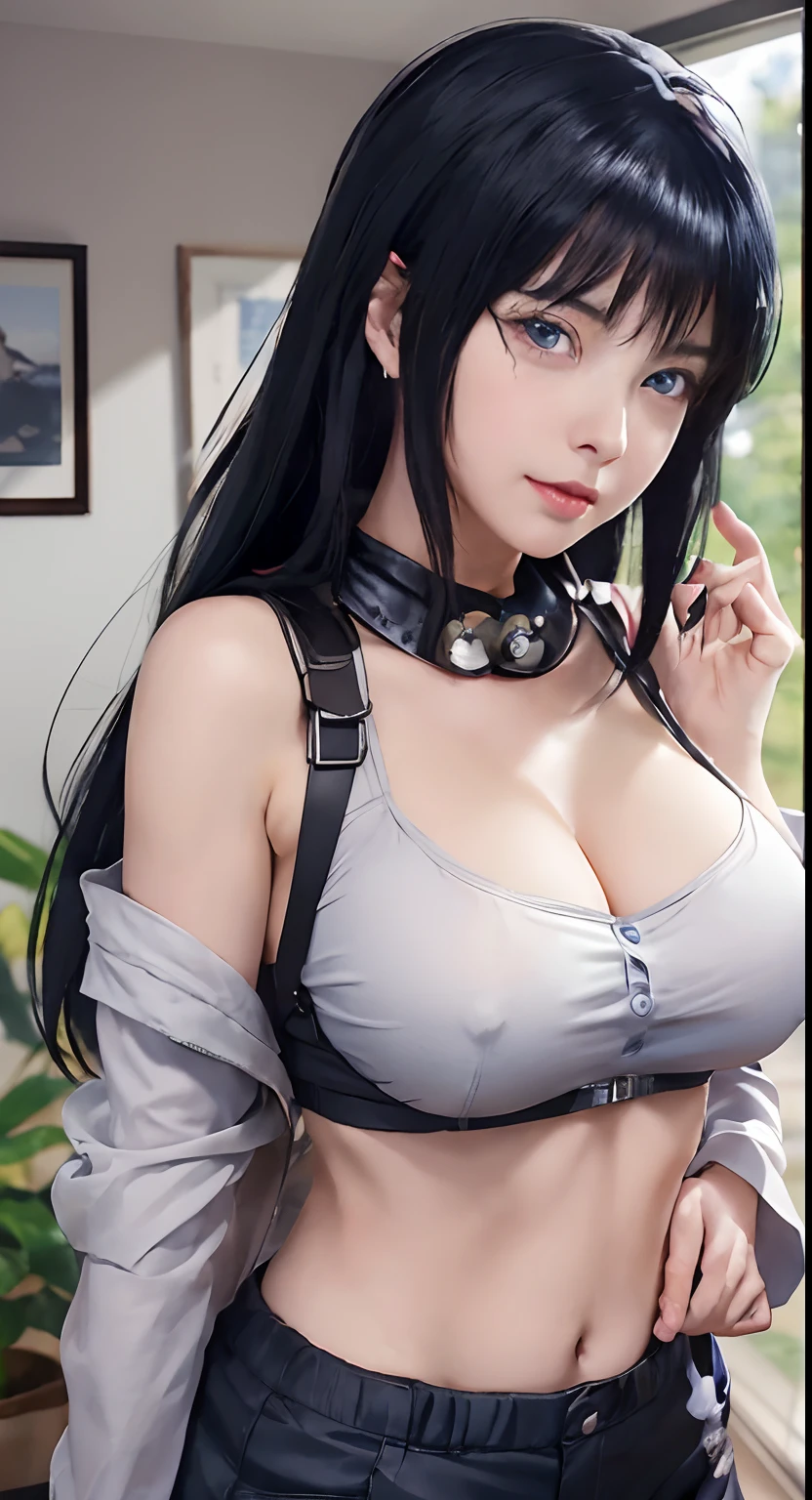 anime girl with black hair and blue eyes posing in a room, seductive anime girl, hinata hyuga, nico robin, seductive tifa lockhart portrait, fine details. girls frontline, tifa lockhart, detailed digital anime art, hyperrealistic schoolgirl, oppai cyberpunk, [ 4 k digital art ]!!, anime highly detailed, smooth anime cg art