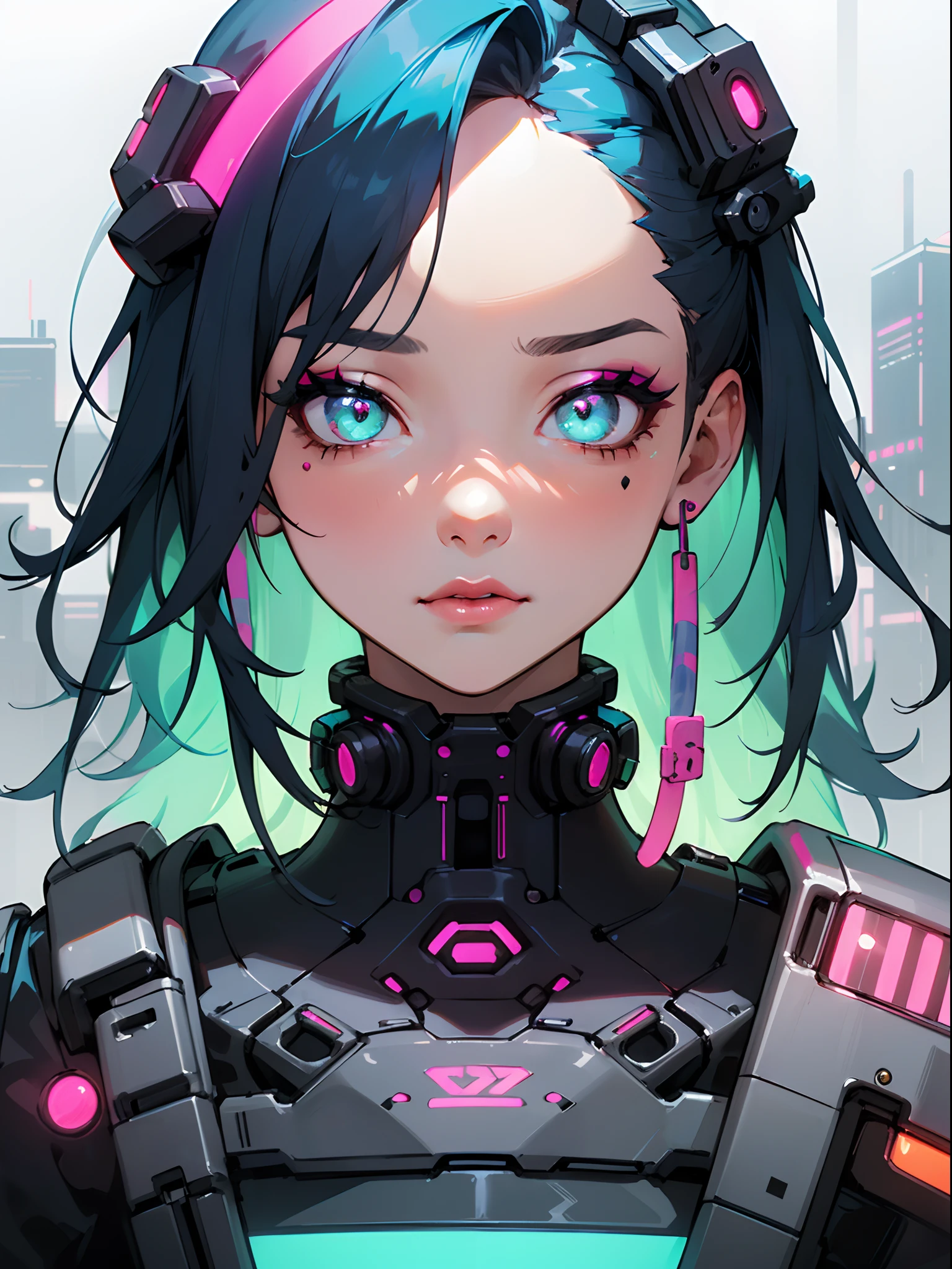 Masterpiece best quality (portrait) of confident cyberpunk girl, Harajuku-inspired pop outfit with glowing neon trim, bold colors and patterns, eye-catching accessories, trendy and innovative hairstyle, shapeless hair, vibrant makeup, illustration, (detailed skin texture, detailed cloth texture), ((beautiful detailed face)), intricate details, ultra detailed, dazzling Cyberpunk cityscape in background, bright and vivid color scheme