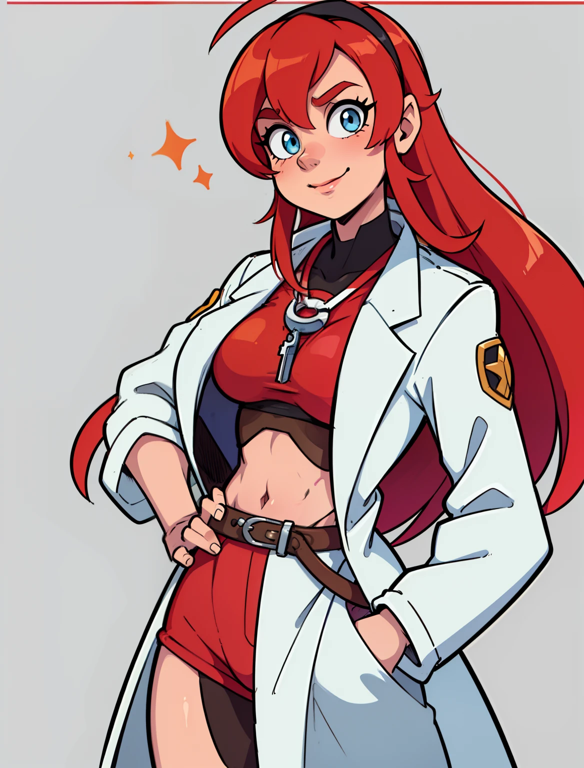 in cartoon, Zara Krieger - a close-up of a woman in a white coat and red hair, portrait of Rung,Marin Kitagawa fanart, portrait anime space cadet girl, Gordon Freeman as a woman, detailed anime character art, official character art, cushart krenz key art feminine, Yayoi Kazuma, Asuka, she has long red-orange hair, (female protagonist 👀:0.8), a brilliant xenobiologist with a wild streak, Zara is known for her unconventional methods and her tendency to take risks. She has long red hair and wears a lab coat over her combat shirt, exited smile