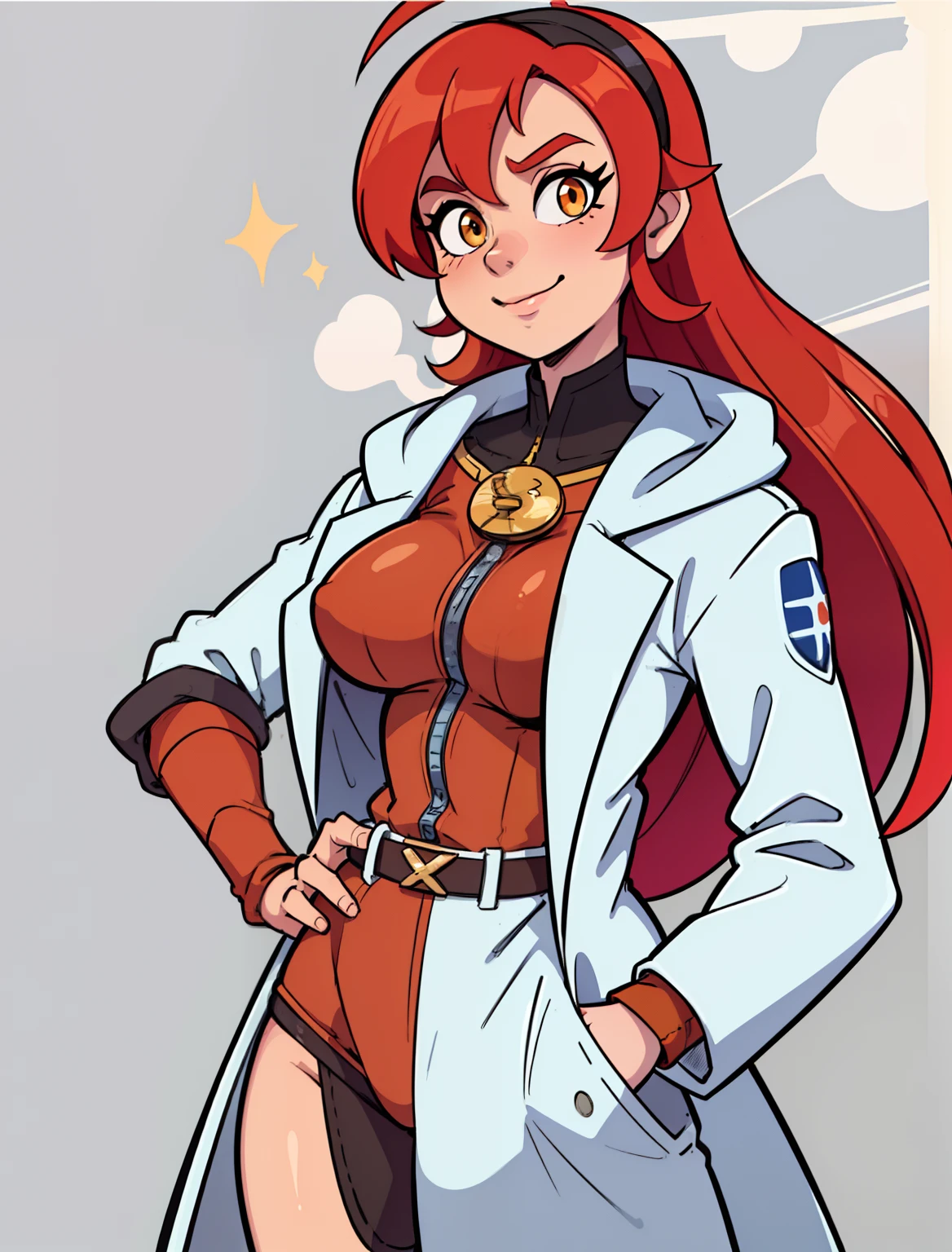 in cartoon, Zara Krieger - a close-up of a woman in a white coat and red hair, portrait of Rung,Marin Kitagawa fanart, portrait anime space cadet girl, Gordon Freeman as a woman, detailed anime character art, official character art, cushart krenz key art feminine, Yayoi Kazuma, Asuka, she has long red-orange hair, (female protagonist 👀:0.8), a brilliant xenobiologist with a wild streak, Zara is known for her unconventional methods and her tendency to take risks. She has long red hair and wears a lab coat over her combat shirt, exited smile