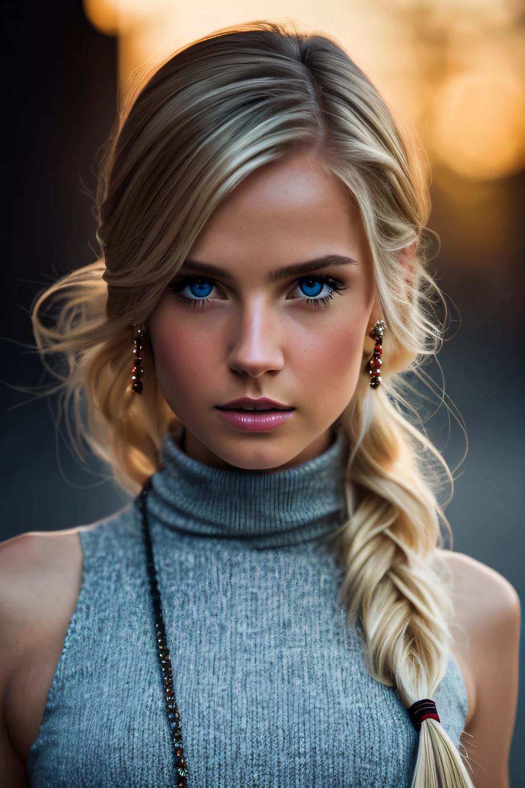 Slender, young, short blonde hair, blue eyes, in town, natural skin texture, 24mm, 4K textures, soft cinematic light, RAW photography, photorealistic, photorealistic, complex, elegant, highly detailed, sharp focus, (((cinematic look))), calm Tone, Insane Detail, Complex Detail, Ultra Detail, High Contrast, Soft Cinematic Light, Dim Colors, Exposure Blending, HDR, Faded, Cold, Waist Thin, Well-Proportioned, (8k, 4k, Top Quality, Hi-Res: 1.1), (Realistic, Photorealistic: 1.1), Girl 1 People, Solo, Twin Tails, Blonde Hair, Bangs, Long Hair, Necklace, Earrings, Lips, Eye Shadow, Jewelry, (Viewer Looking For: 1.8), Spaghetti Straps, Detail, High Contrast, from_side, srfc, stunning complex full color portrait, wearing black turtleneck, spectacular character composition, by Ilya Kubushinov, Alessio Albi, Nina Masic, sharp focus, natural light, sub-surface scatter, f2, 35mm, film grain