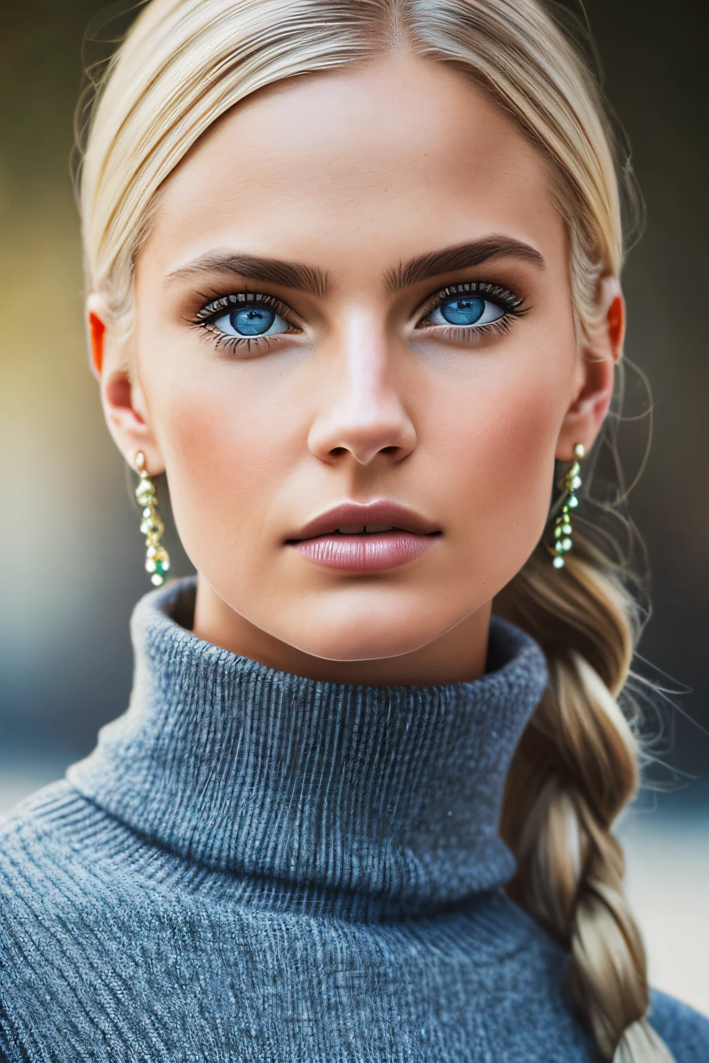 Slender, young, short blonde hair, blue eyes, in town, natural skin texture, 24mm, 4K textures, soft cinematic light, RAW photography, photorealistic, photorealistic, complex, elegant, highly detailed, sharp focus, (((cinematic look))), calm Tone, Insane Detail, Complex Detail, Ultra Detail, High Contrast, Soft Cinematic Light, Dim Colors, Exposure Blending, HDR, Faded, Cold, Waist Thin, Well-Proportioned, (8k, 4k, Top Quality, Hi-Res: 1.1), (Realistic, Photorealistic: 1.1), Girl 1 People, Solo, Twin Tails, Blonde Hair, Bangs, Long Hair, Necklace, Earrings, Lips, Eye Shadow, Jewelry, (Viewer Looking For: 1.8), Spaghetti Straps, Detail, High Contrast, from_side, srfc, stunning complex full color portrait, wearing black turtleneck, spectacular character composition, by Ilya Kubushinov, Alessio Albi, Nina Masic, sharp focus, natural light, sub-surface scatter, f2, 35mm, film grain