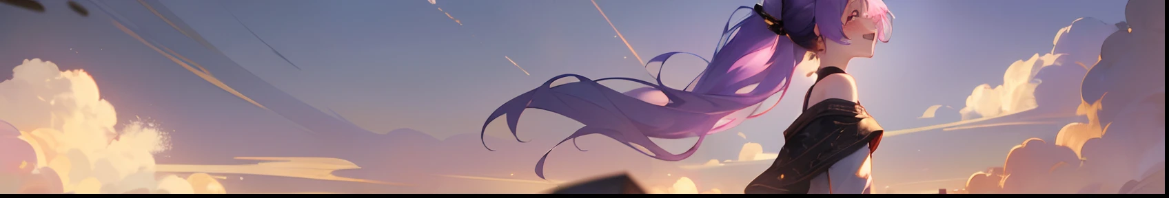 ((Masterpiece)), (High Definition:1.3), best quality, 8K, Textured skin, cinematic lighting, (1girl), innocent Beautiful Girl, from side, wide-shot, (cute innosent little girl, cat ears, long golden ponytail), very silky hair, (exposed cute shoulder, Off-shoulder long white-sleeves), Slender small breasts, ((very laugh face)), pale purple hair