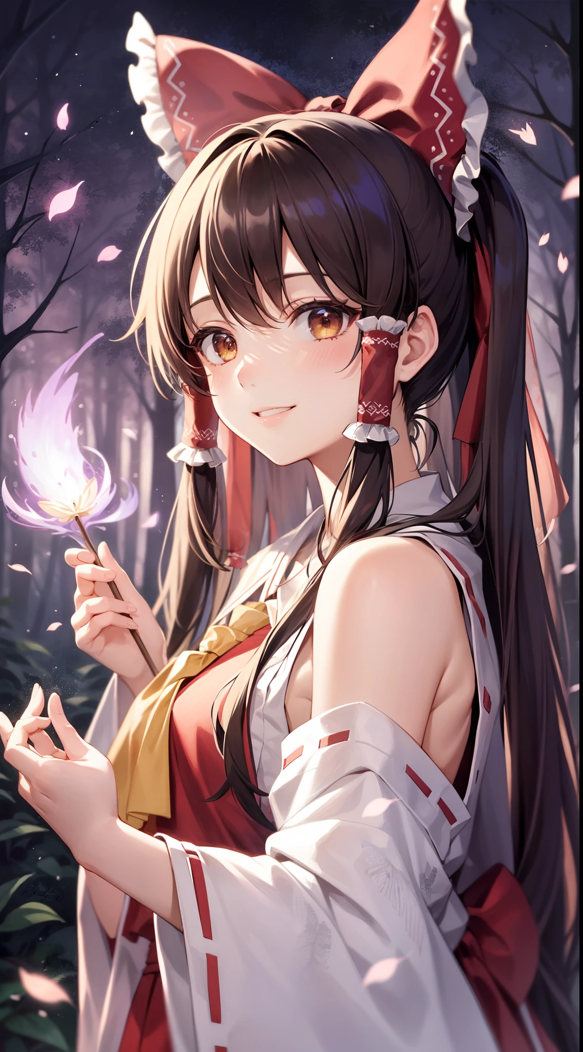 detailed background, masterpiece, best quality, 1girl, hakurei reimu, brown hair, hair tubes, hair ribbon, brown eyes, nontraditional miko, a forest full of purple and white trees, fireflies, water, purple theme, white theme, mystical, magical,seductive smile,
