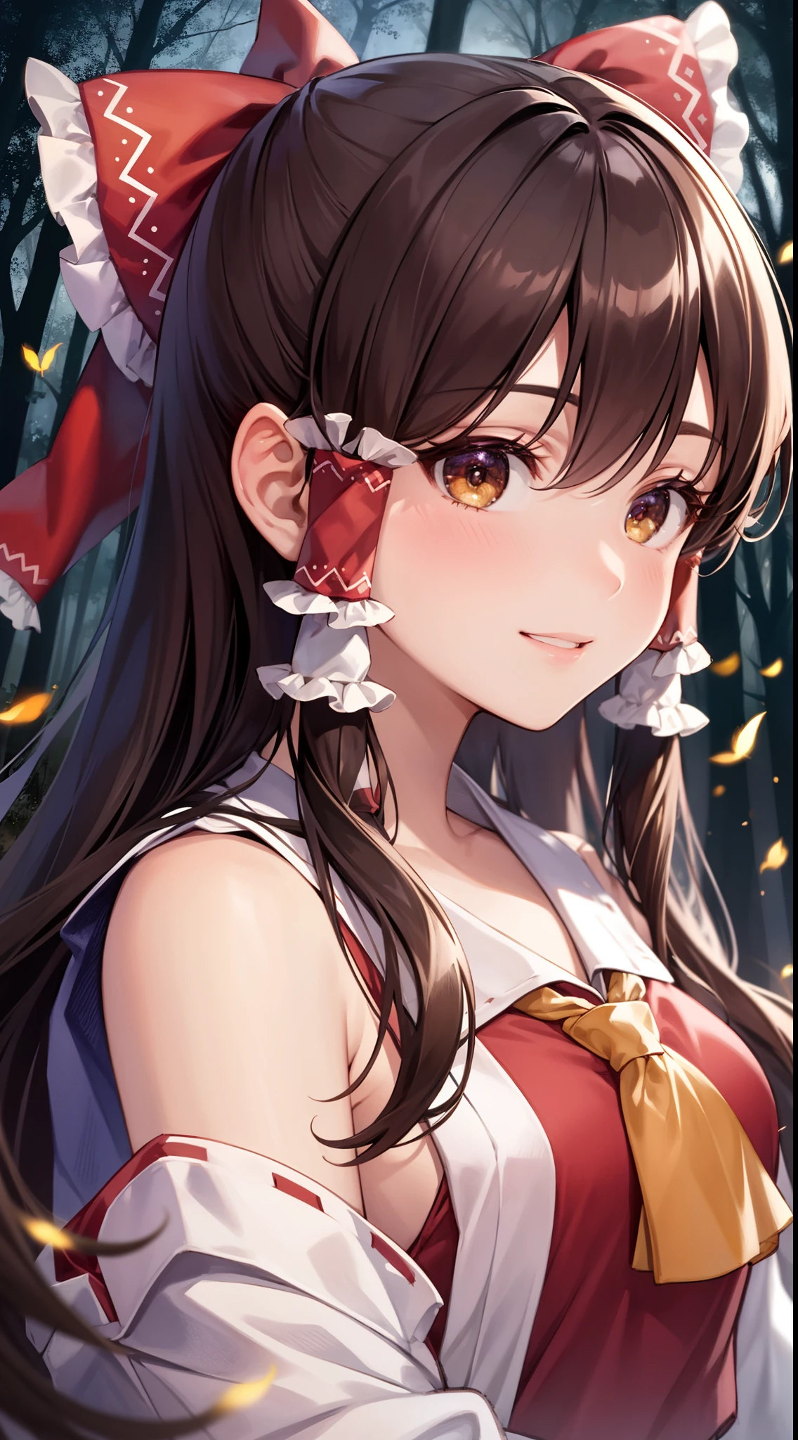 detailed background, masterpiece, best quality, 1girl, hakurei reimu, brown hair, hair tubes, hair ribbon, brown eyes, nontraditional miko, a forest full of purple and white trees, fireflies, water, purple theme, white theme, mystical, magical,seductive smile,