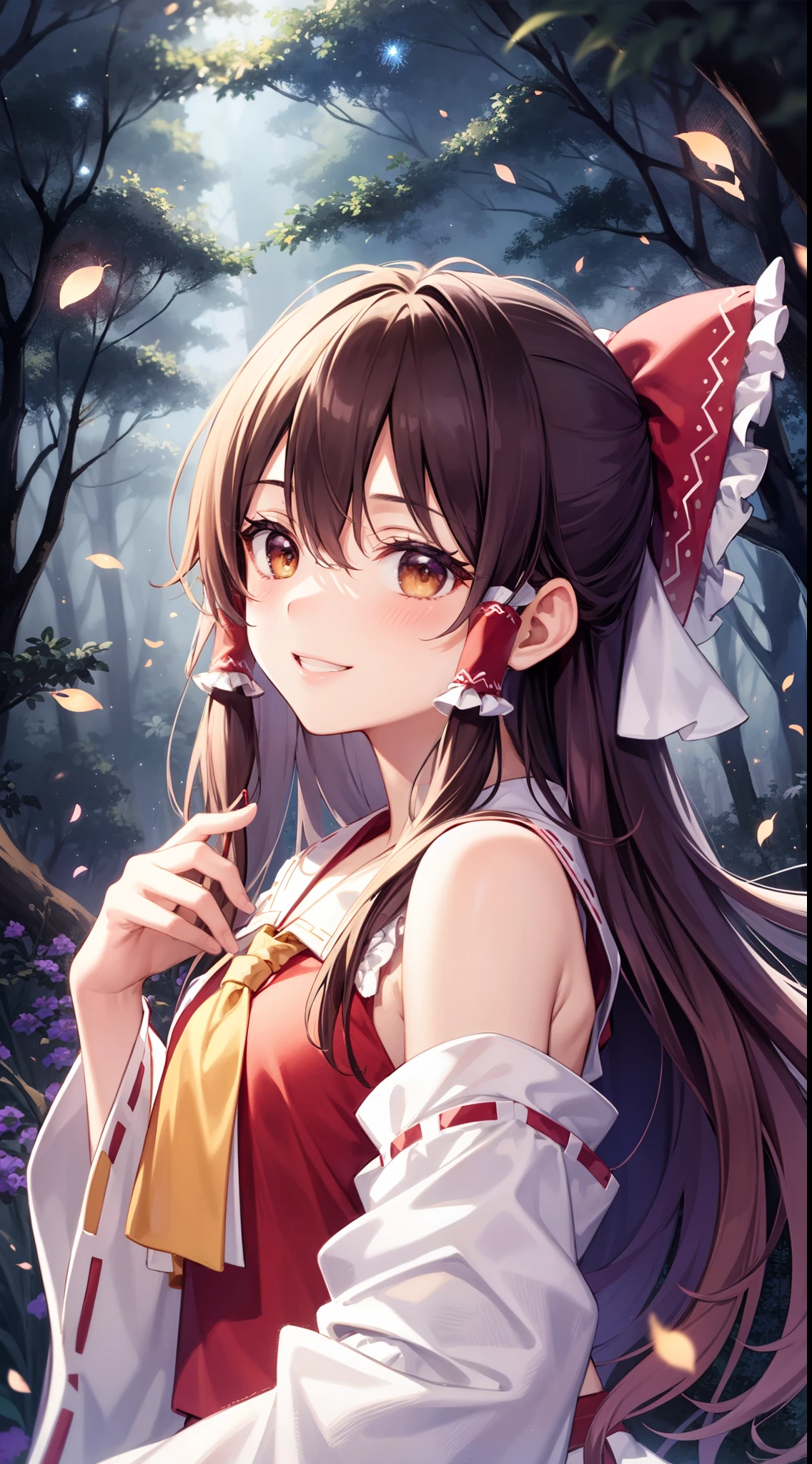 detailed background, masterpiece, best quality, 1girl, hakurei reimu, brown hair, hair tubes, hair ribbon, brown eyes, nontraditional miko, a forest full of purple and white trees, fireflies, water, purple theme, white theme, mystical, magical,seductive smile,