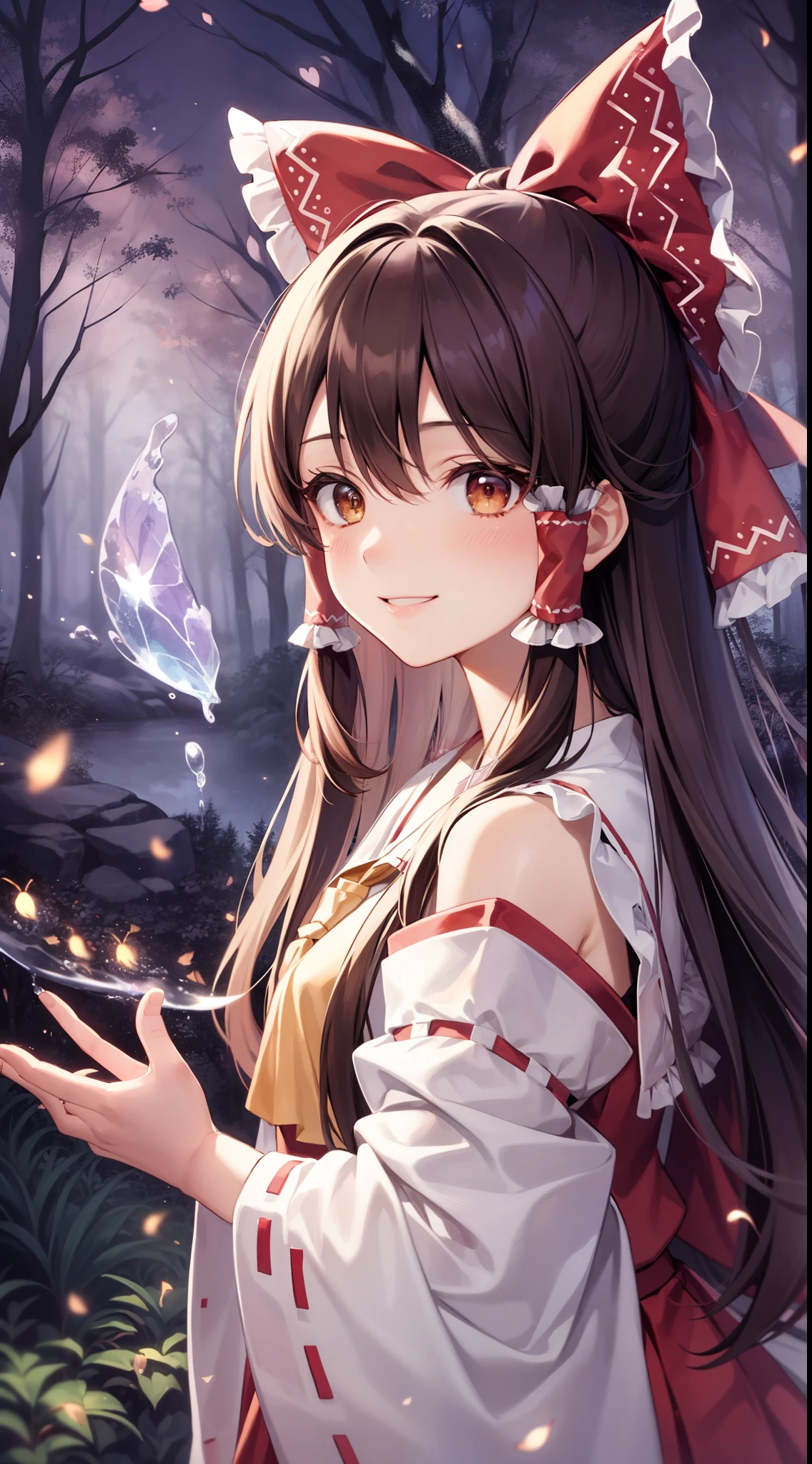 detailed background, masterpiece, best quality, 1girl, hakurei reimu, brown hair, hair tubes, hair ribbon, brown eyes, nontraditional miko, a forest full of purple and white trees, fireflies, water, purple theme, white theme, mystical, magical,seductive smile,