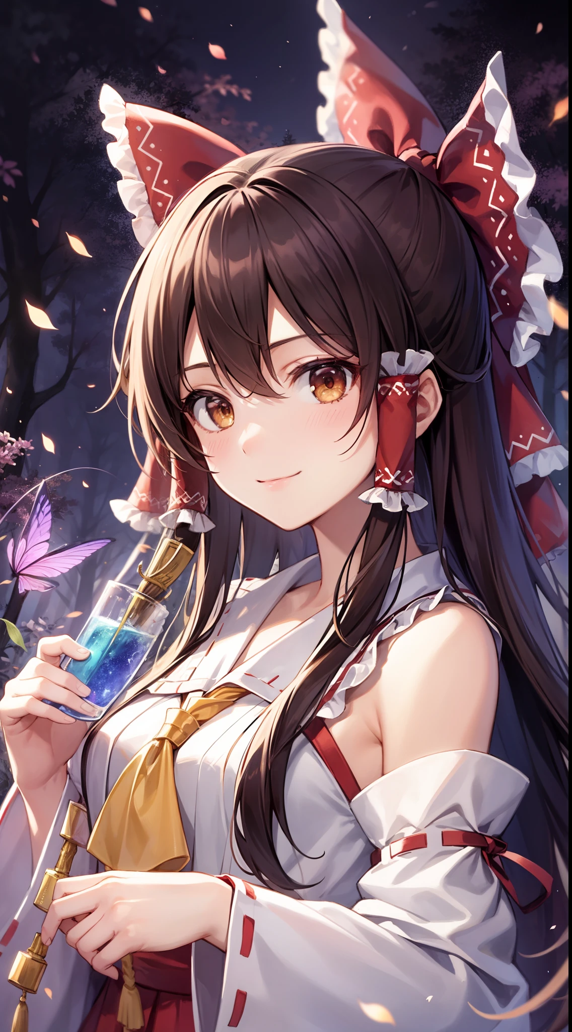 detailed background, masterpiece, best quality, 1girl, hakurei reimu, brown hair, hair tubes, hair ribbon, brown eyes, nontraditional miko, a forest full of purple and white trees, fireflies, water, purple theme, white theme, mystical, magical,seductive smile,