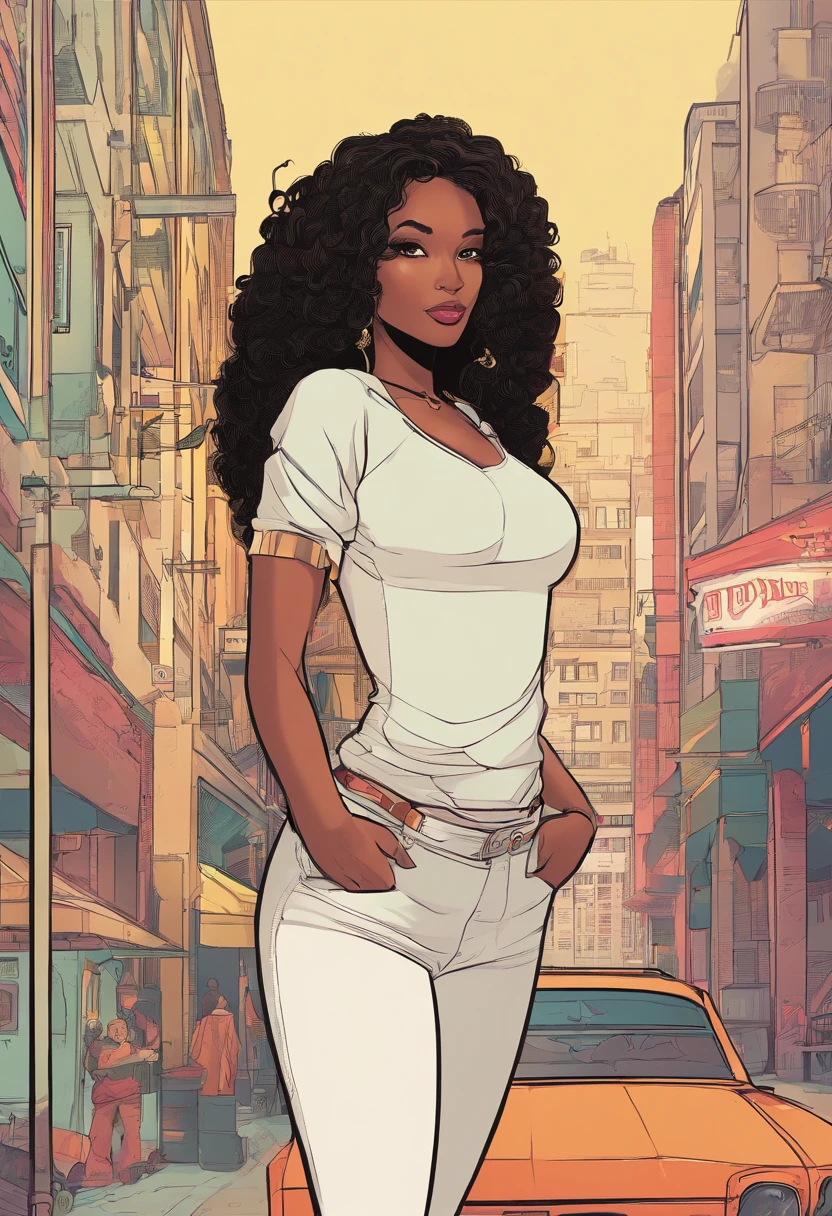on the city street, in front, very sexy girl, Colombian, black skin, long hair, wearing a sexy dress, looks at us, smiles. She lifts her skirt and shows her panties,eroticism, sexy,,cute,ultra detailed black skin,sketch}}}, art inspired by Bill Sienkiewicz