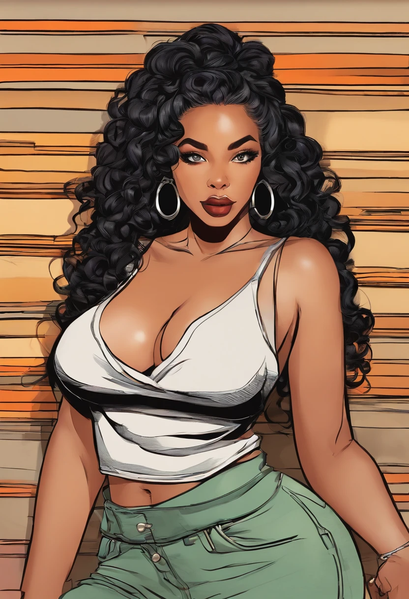 there is a woman with long hair standing in a parking lot, 30-year-old woman from cuba, sza, gorgeous woman that looks likedoja cat, long curly hair, ☁🌪🌙👩🏾, she is wearing a black tank top underneath an off shoulder beige sweater , black hair, black long curly hair, young black woman, milf, voluptuous body, thick thighs, big breasts