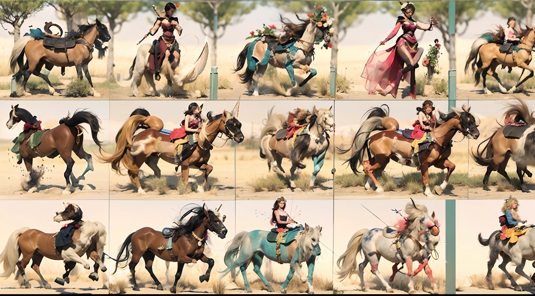 In the beautiful illustration of this super-grand scene，The ultra-distant lens shows us（Over eight unique centaur characters：9.9），They all have their own characteristics，Vivid and interesting。Radiant from the heavens（angelicales：6.6）Like centaurs、To nightmarish is（Surrounded by flames：6.6）of the hellish centaurs、And then to the wind dancing in the air（fairy：6.6）centaur horse、And thunder and lightning surrounding（Unicorn：6.6）centaur horse，and shining metallic ones（Machinary：6.6）centaur horse、And then to color（Dragon scales covered：6.6）The strength of the whole body is a powerful dragon centaur、Elegant and agile（the elf：6.6）The centaur's slender and graceful lines always wear a flower crown、Enchanting and charming（Tiflin：6.6）centaur horse、Have the indescribable（Raised sexy：6.6）'s（Succubus 6.6）centaur horse。Each character has their own unique charms and abilities。The illustration uses advanced artistic techniques and tools，（Divide the scene into sections by geometric arrangement：9.9），Each section corresponds to a centaur character，This makes more efficient use of space。Through Midjourney's advanced brush tools、Color palette、Material packs and model packs、Texture tools，For each centaur, beautiful props are designed to increase racial characteristics、Clothing and physical features，（Enhances the character's personality and visual appeal：2.5）。The scenery in the illustrations is stunning，There are changing skies、rainbowing、extreme light、Stars and Moon。Incorporating iconic landmarks such as Mount Everest，and fireworks、tranquil lake、Natural and urban elements of waves and neon lights，Creates a magical atmosphere。The centaurs display their unique abilities and equipment in a variety of environments，This is true even in extreme alien landscapes。（Use Midjourney's tools、Material packs、Texture tools、The color palette makes depicting details vivid and realistic：9.9），From complex hairstyles and as well as different racial traits、Body、Appearance features、Clothing to real textures，Thi