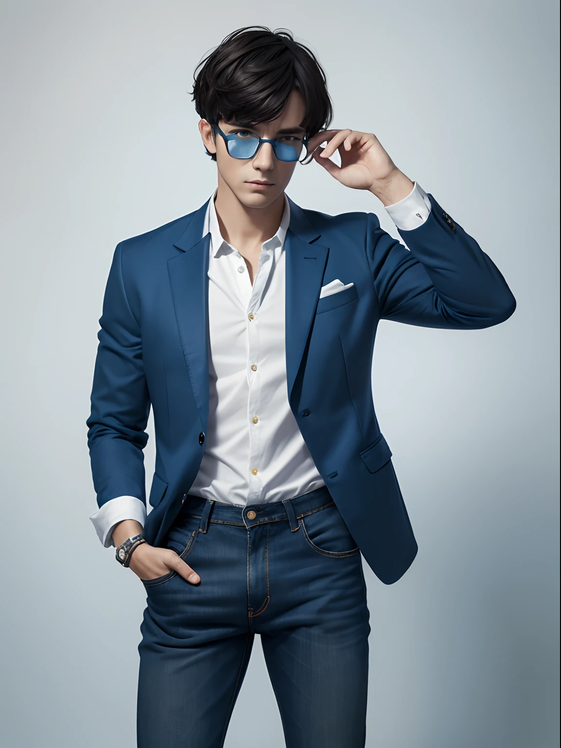 Man writer of horror stories, Short hair with bangs and square blue glasses with blue blazer, Camisa social verde, Blue jeans and white all-star sneakers on white gray house background, 4k, HD.
