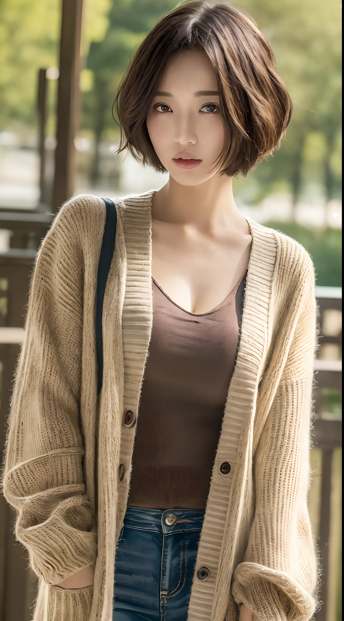 Woman in white shirt and black miniskirt standing outside, Retro fashion outfits, 独奏, Super-High Resolution、(a photorealistic:1.4), ((a masterpiece of)), ((Top image quality)), (ultra hyper-detailed), ((Extremely detailed)), 4K, (8K), Top image quality, (Beautiful fece), realisitic, the real thing, Close-fitting miniskirt, Long cardigan, advertisement picture,